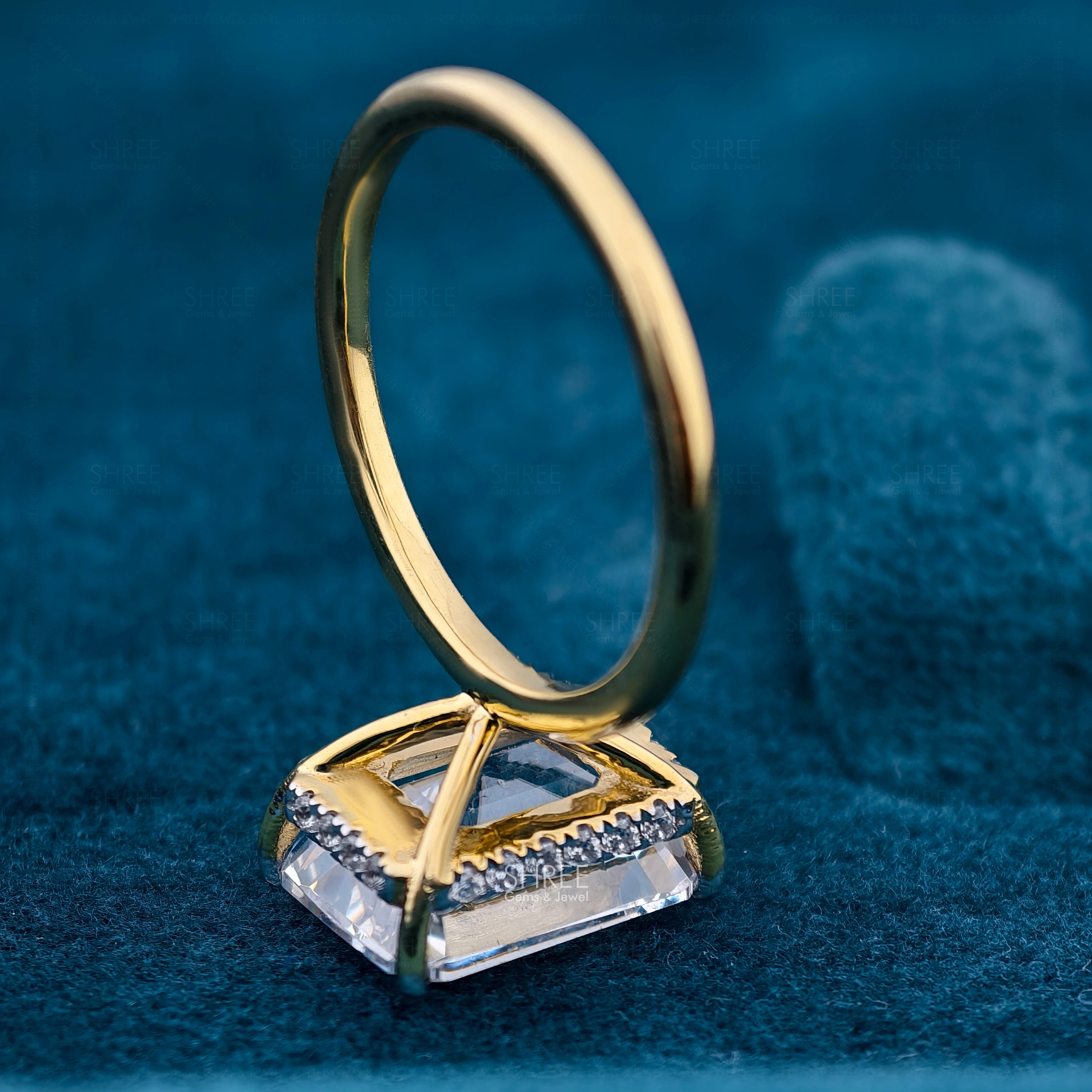 upside down view of 2 Carat Emerald Cut Engagement Ring with Hidden Halo