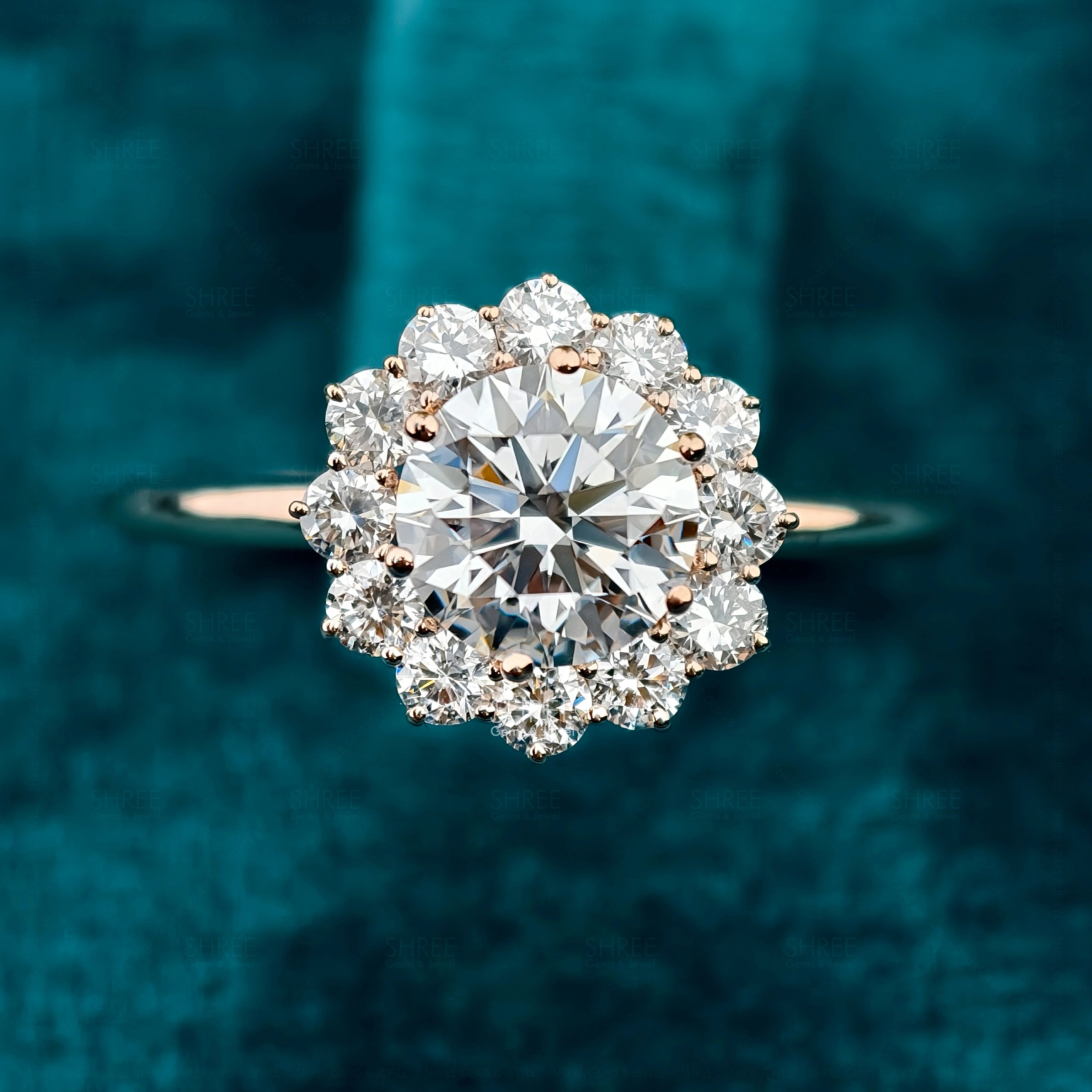 Front VIew of 2 Carat Flower Halo Diamond Engagement Ring