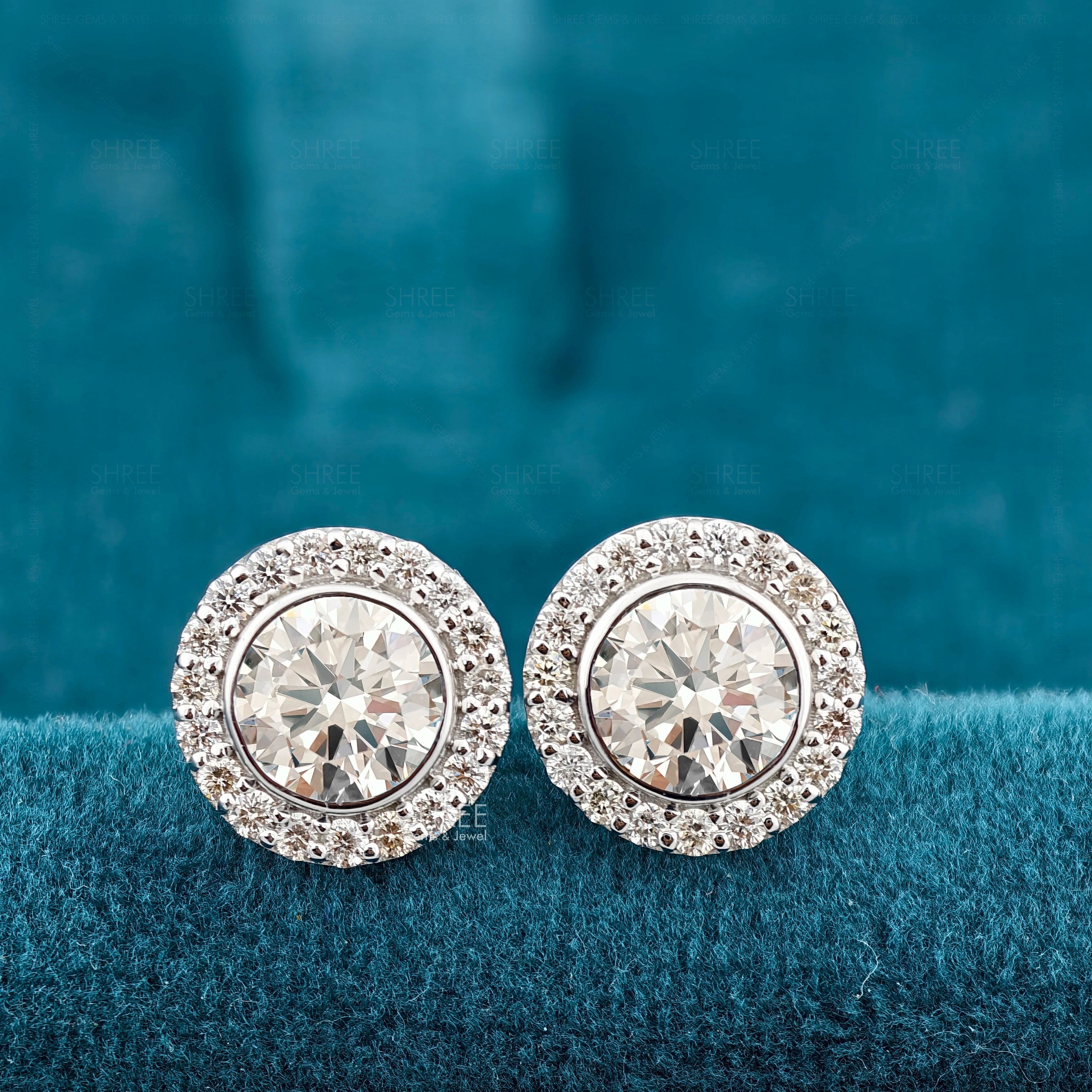 Front View of Round Diamond Earrings with Halo​ 