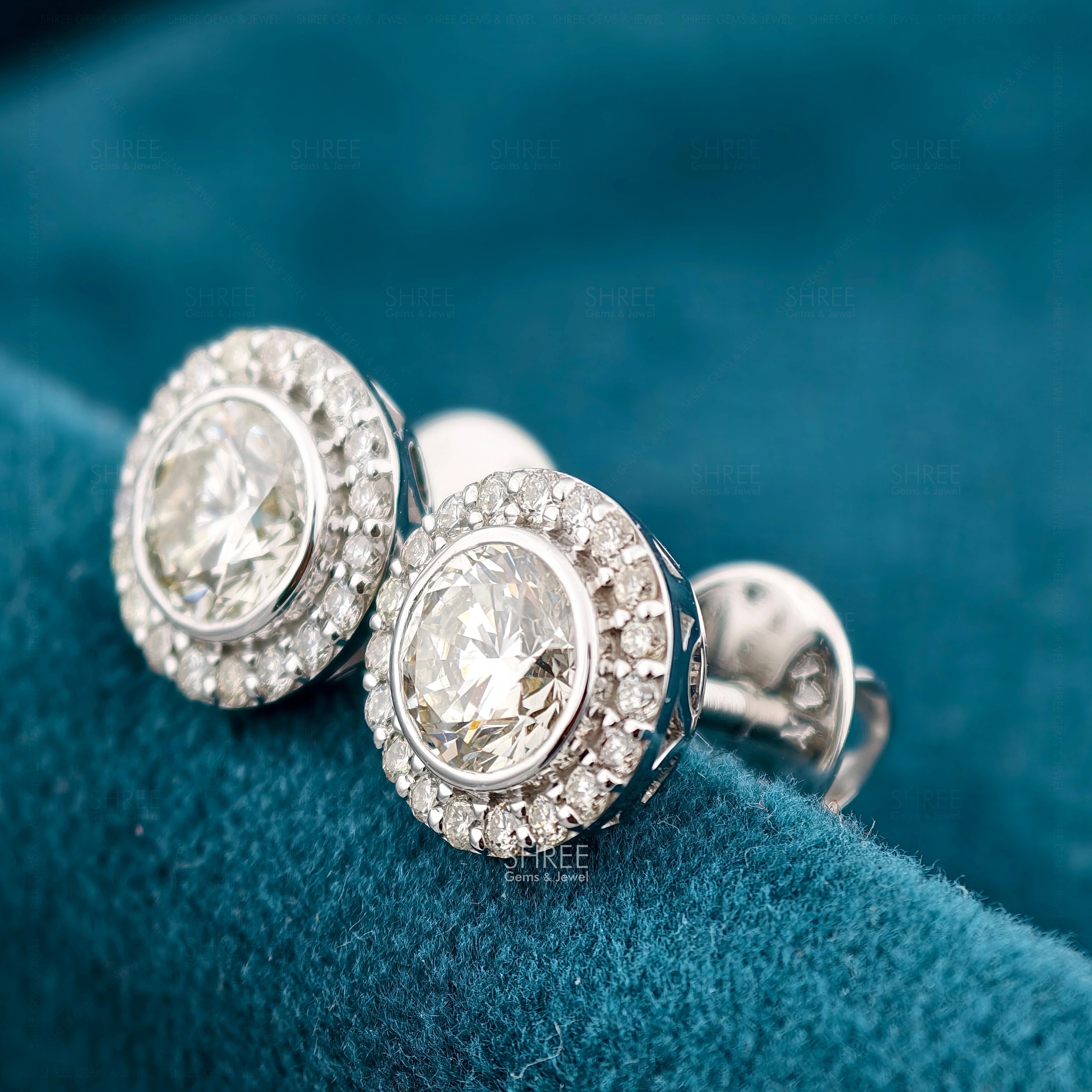 Close up Round Lab Grown Diamond Halo Stud Earrings
