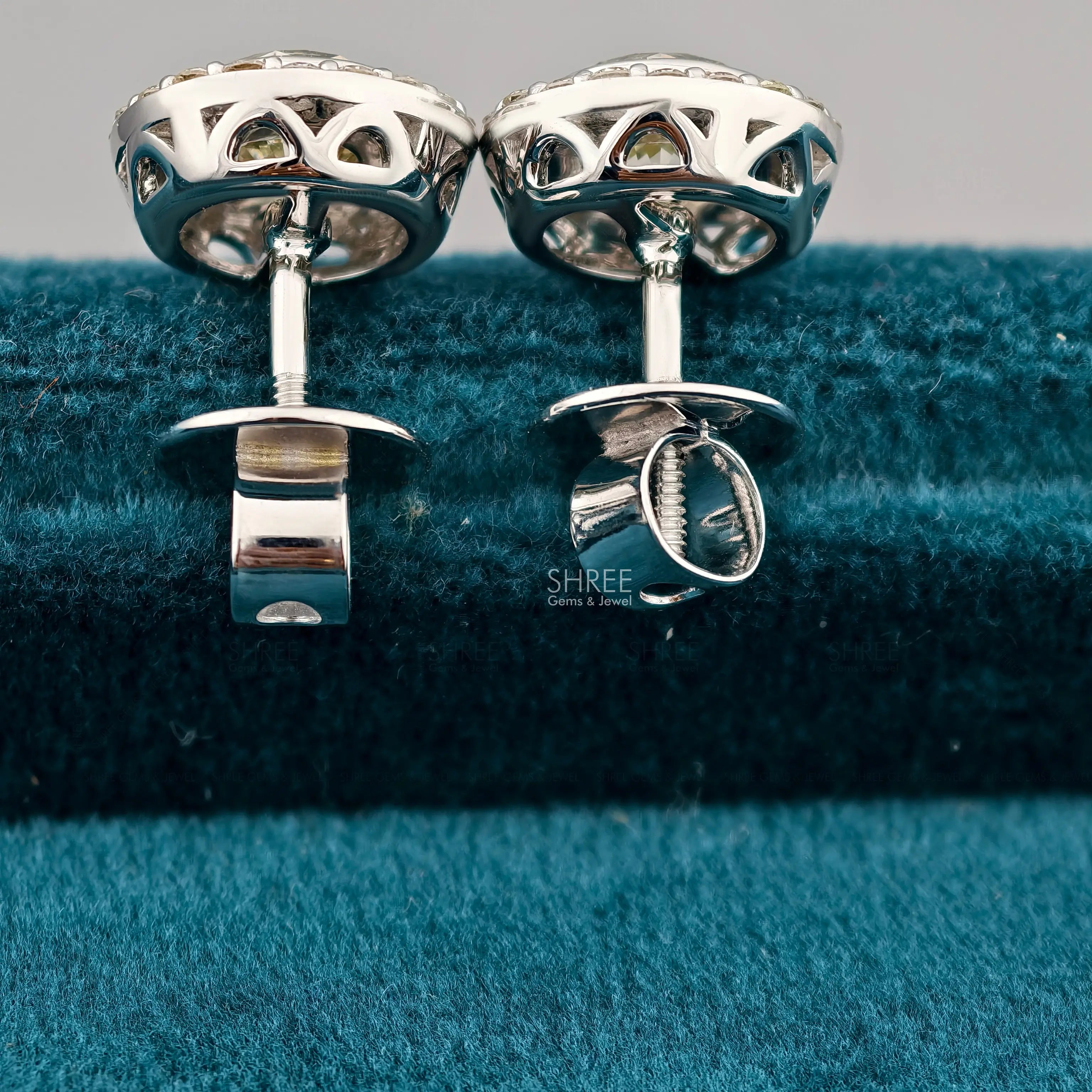Angled Back Detail of Diamond Halo Stud Earrings​
