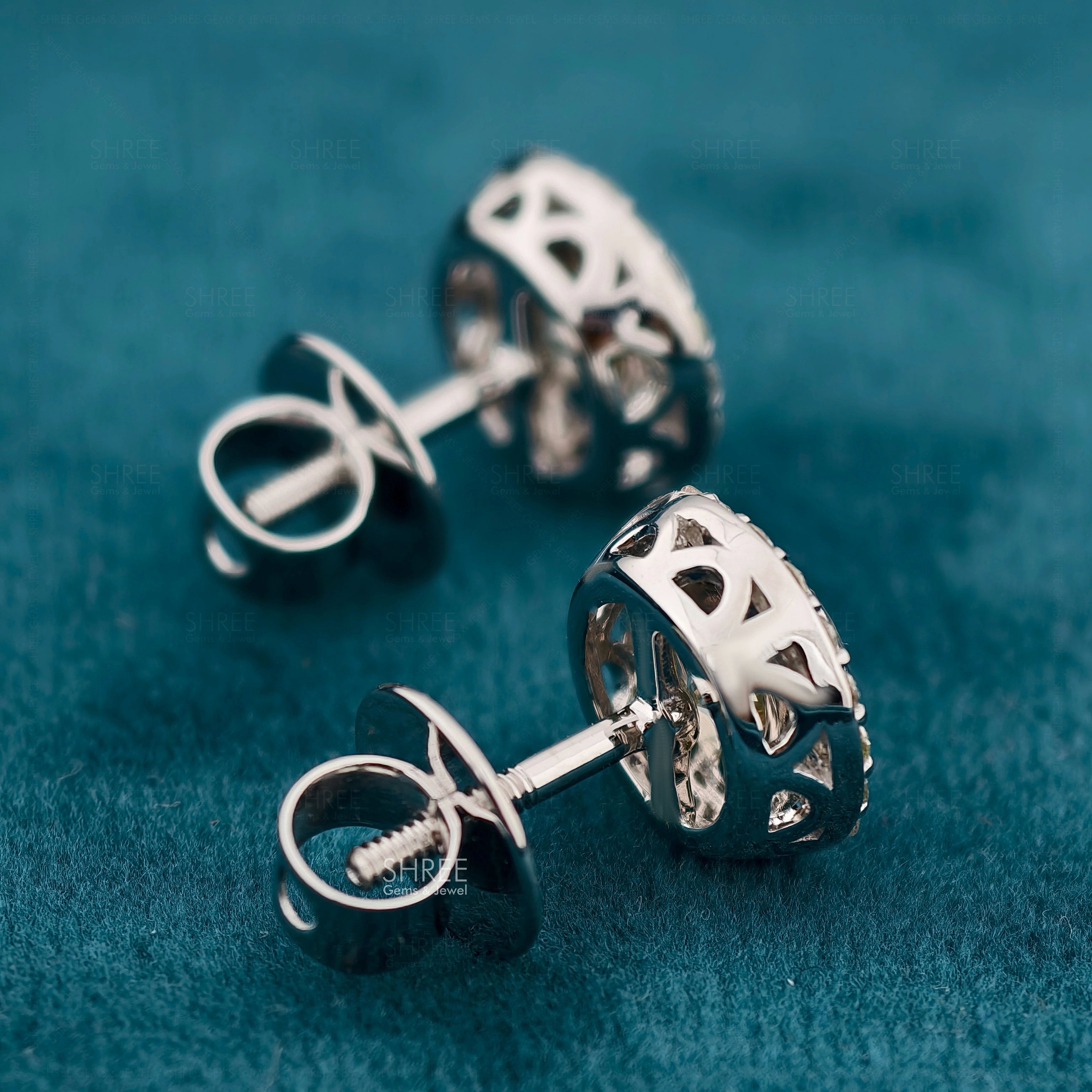 Angled Back Detail of Diamond Halo Stud Earrings​

