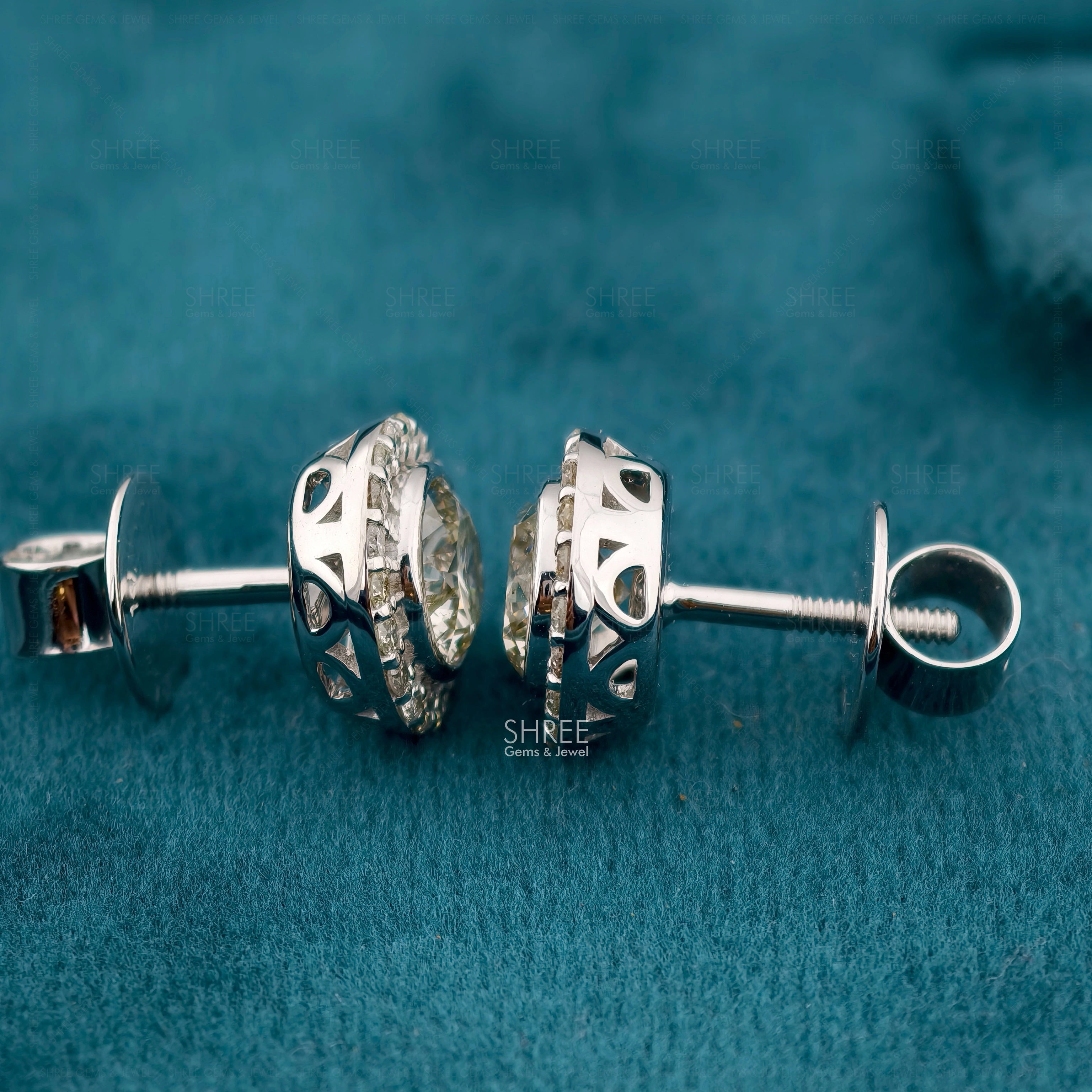 Side View of 2 Carat Round Lab Grown Diamond Halo Stud Earrings