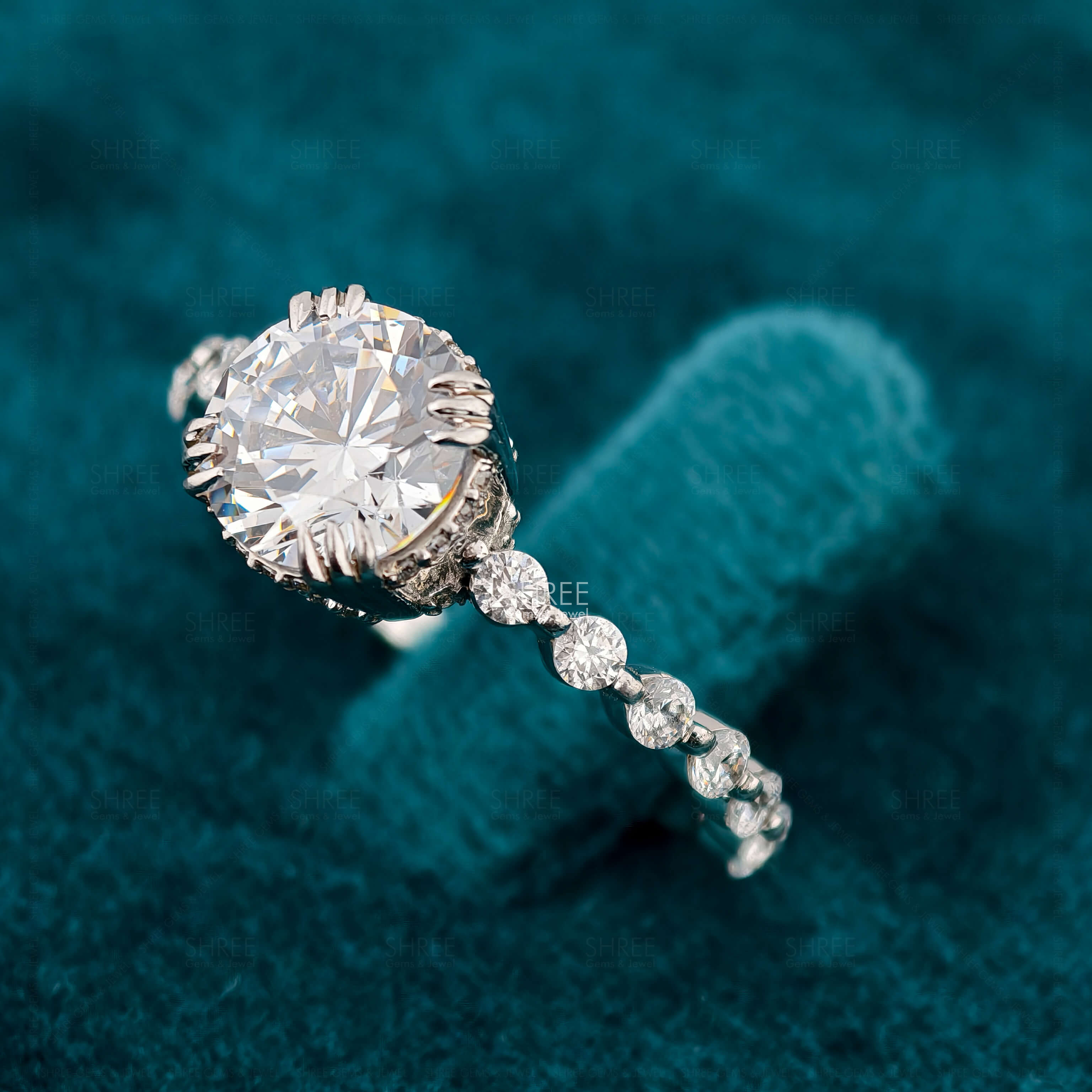 Close up view of 2 Carat Round Hidden Halo Engagement Ring