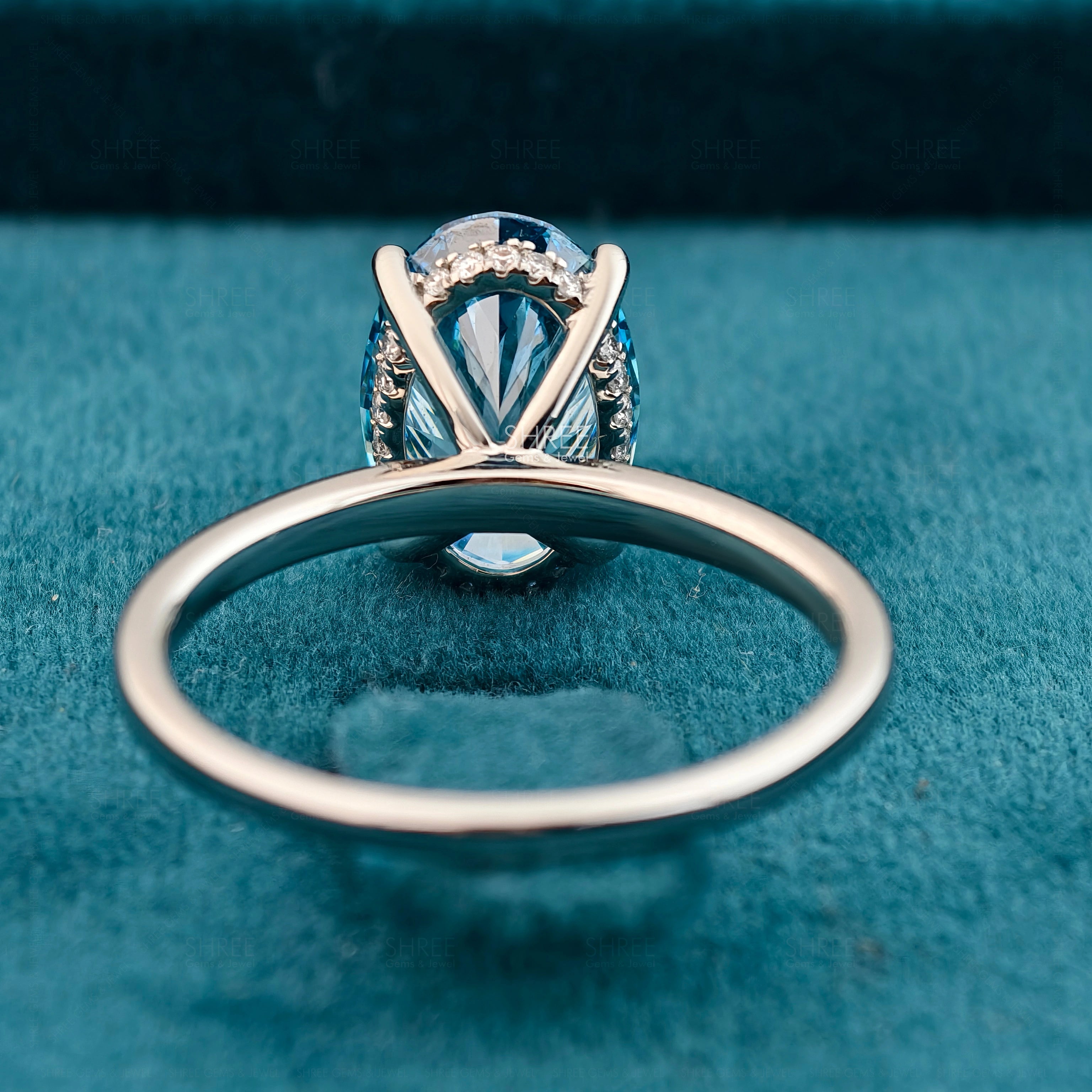 Back View of 3 Carat Fancy Blue Oval Hidden Halo Engagement Ring