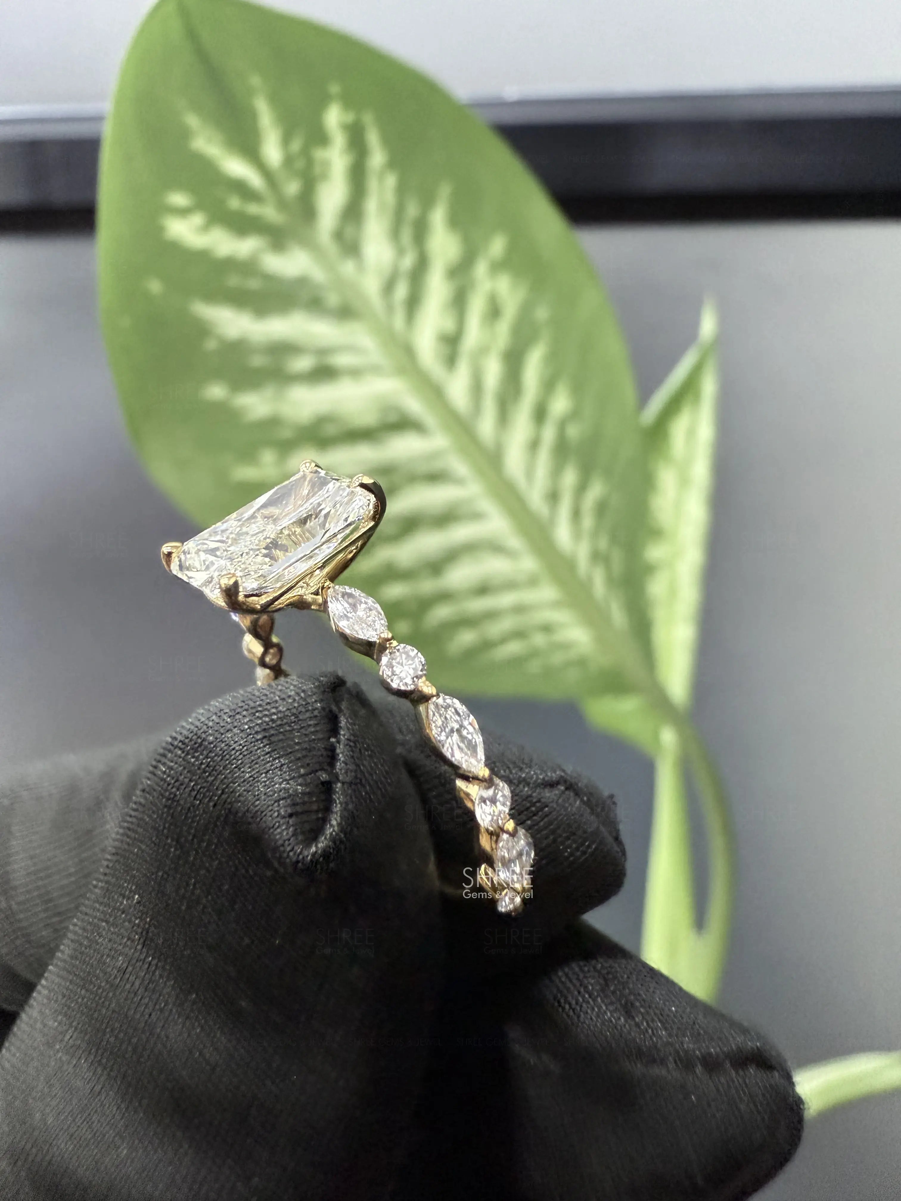 side view of lab grown radiant diamond ring​
