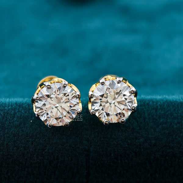 Front View of 3 Carat Round Lab Grown Diamond Stud Earrings