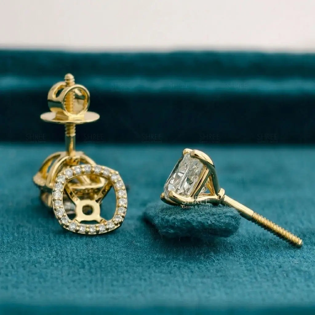 side view of halo cushion cut diamond earrings