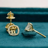 side view of halo cushion cut diamond earrings