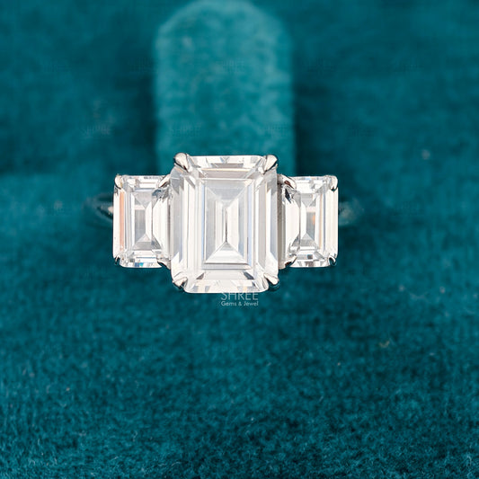 Front view of 3 Ct Emerald Cut Three Stone Lab Diamond Ring