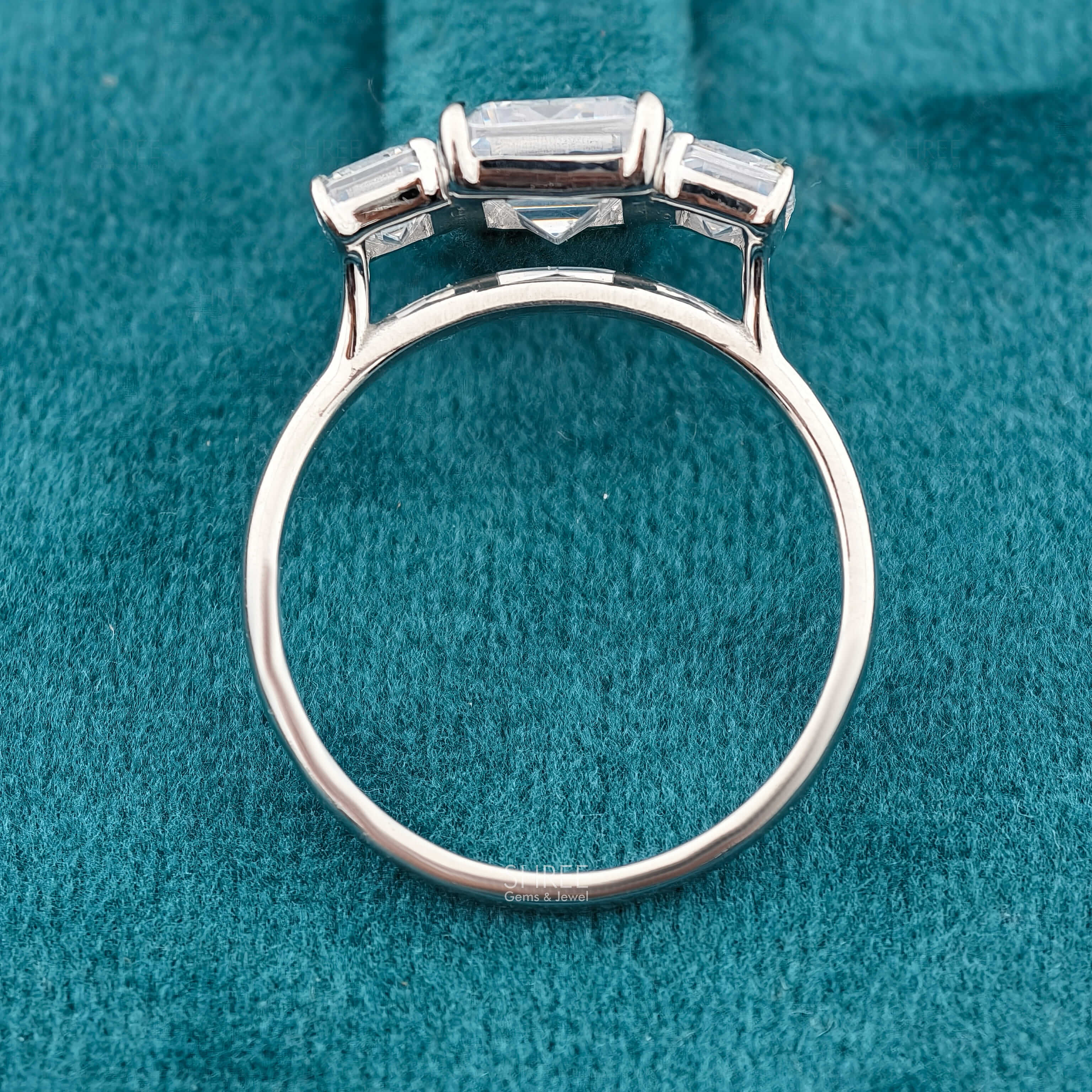 Full band view of 3 Ct Emerald Cut Three Stone Lab Diamond Ring