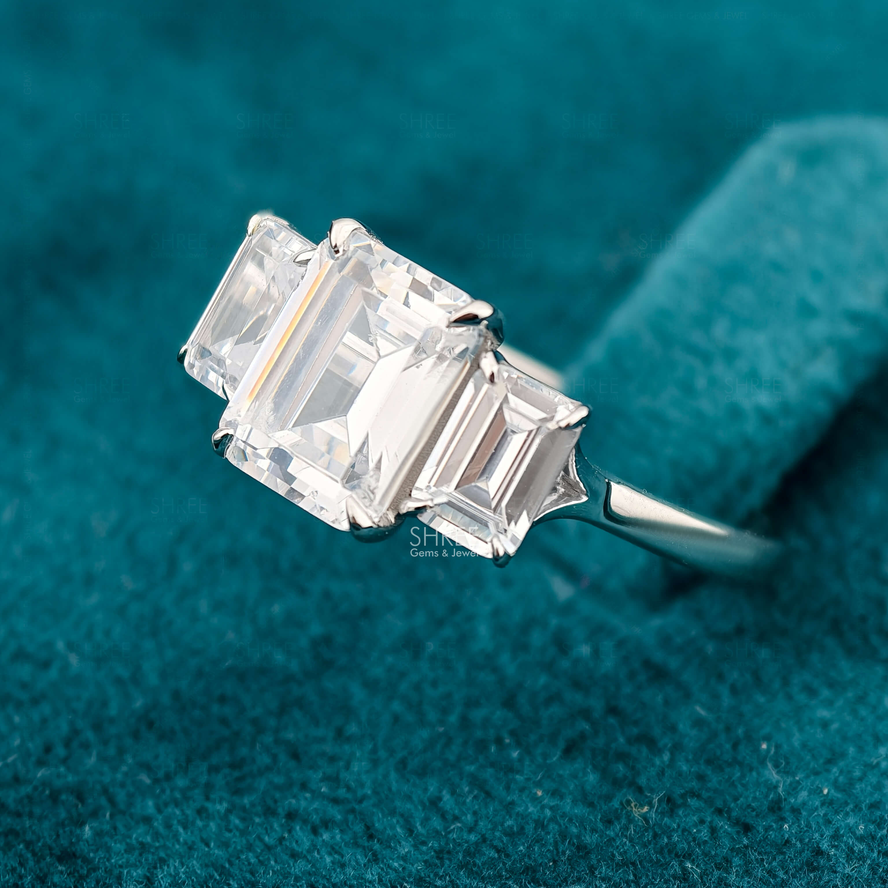 side view of 3 Ct Emerald Cut Three Stone Lab Diamond Ring