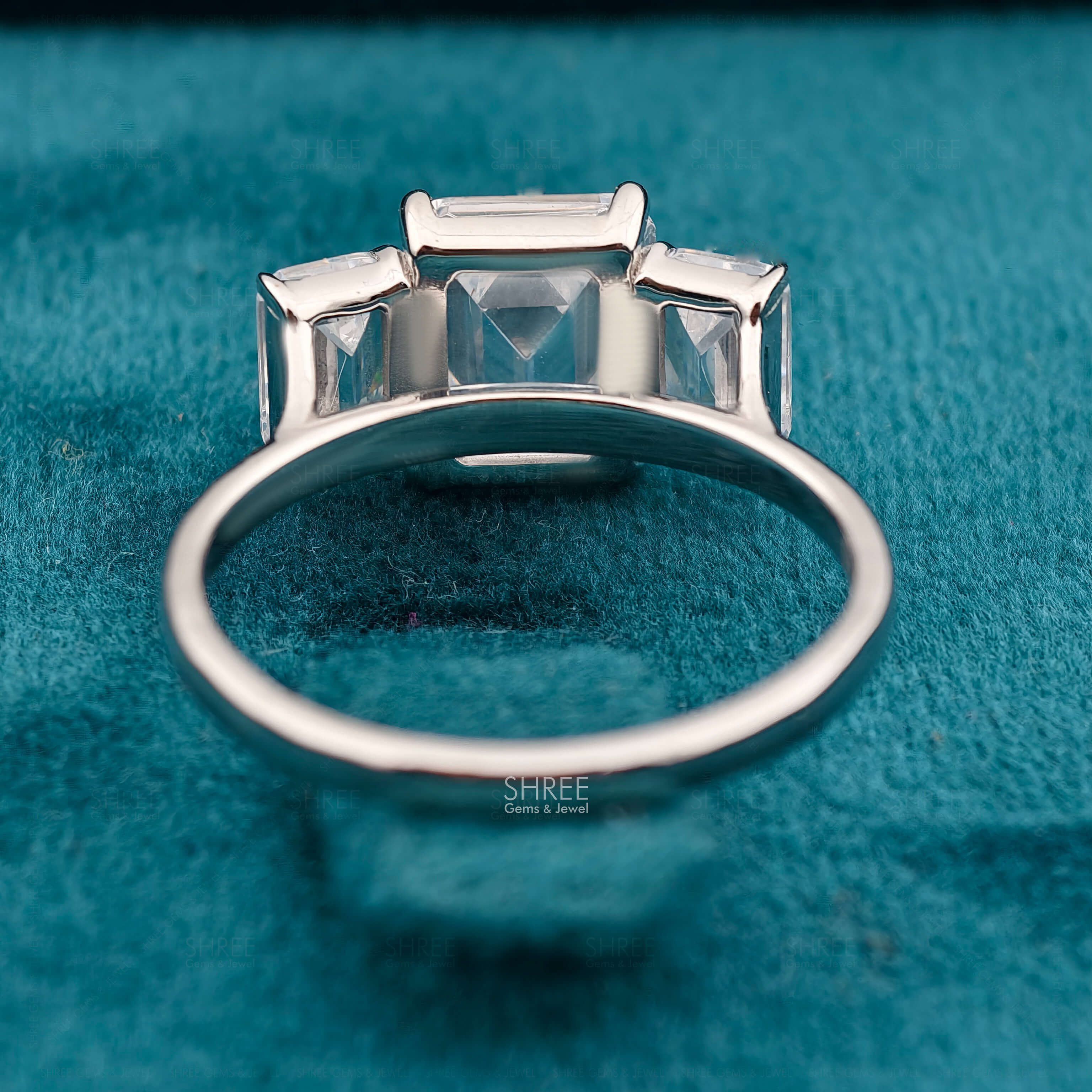 Back view of 3 Ct Emerald Cut Three Stone Lab Diamond Ring
