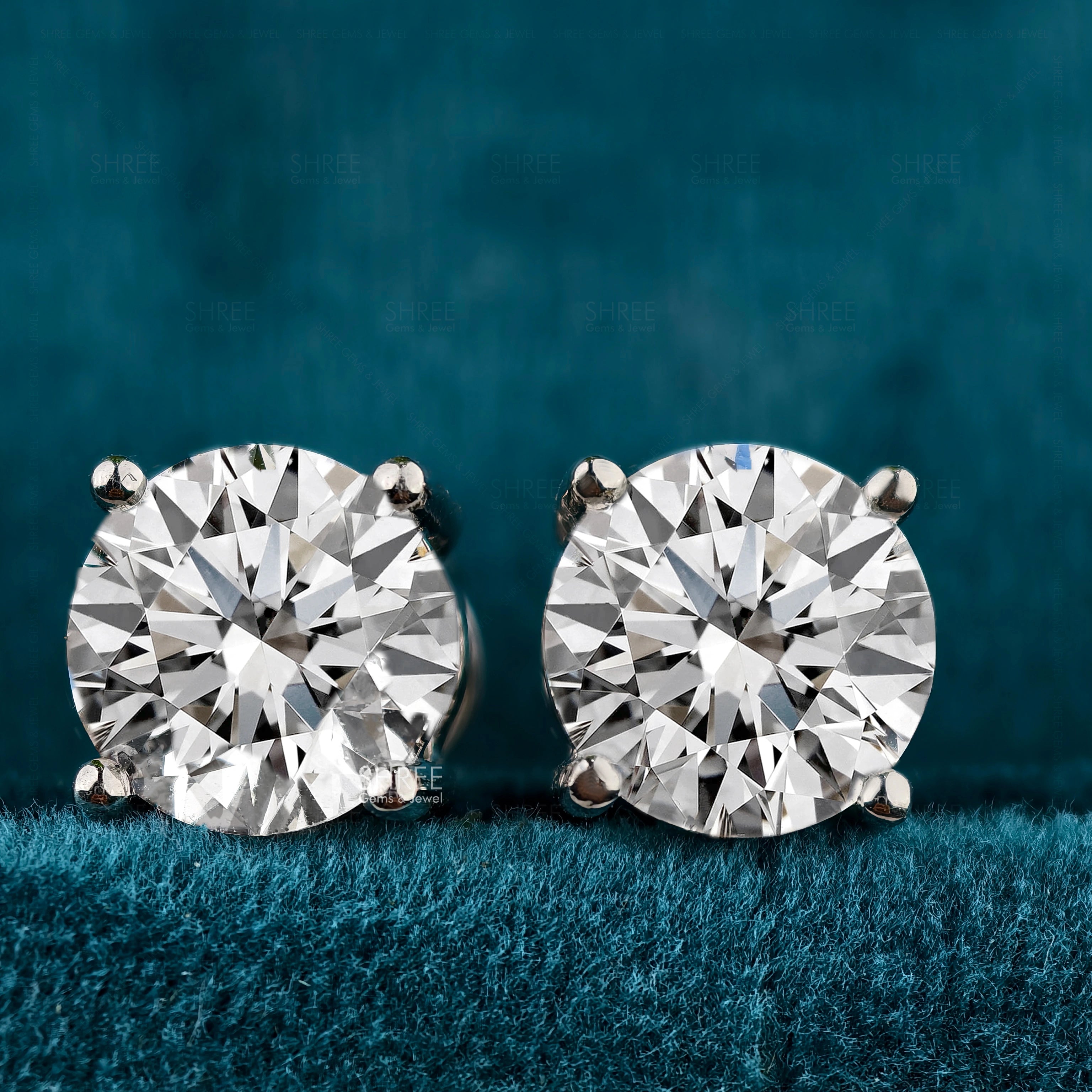 Front View of 3 Carat Round Brilliant Cut Lab Grown Diamond Stud Earrings
