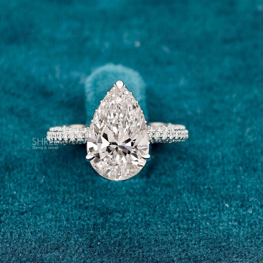 Front View of 4 Carat Pear Shaped Lab Grown Diamond Ring​