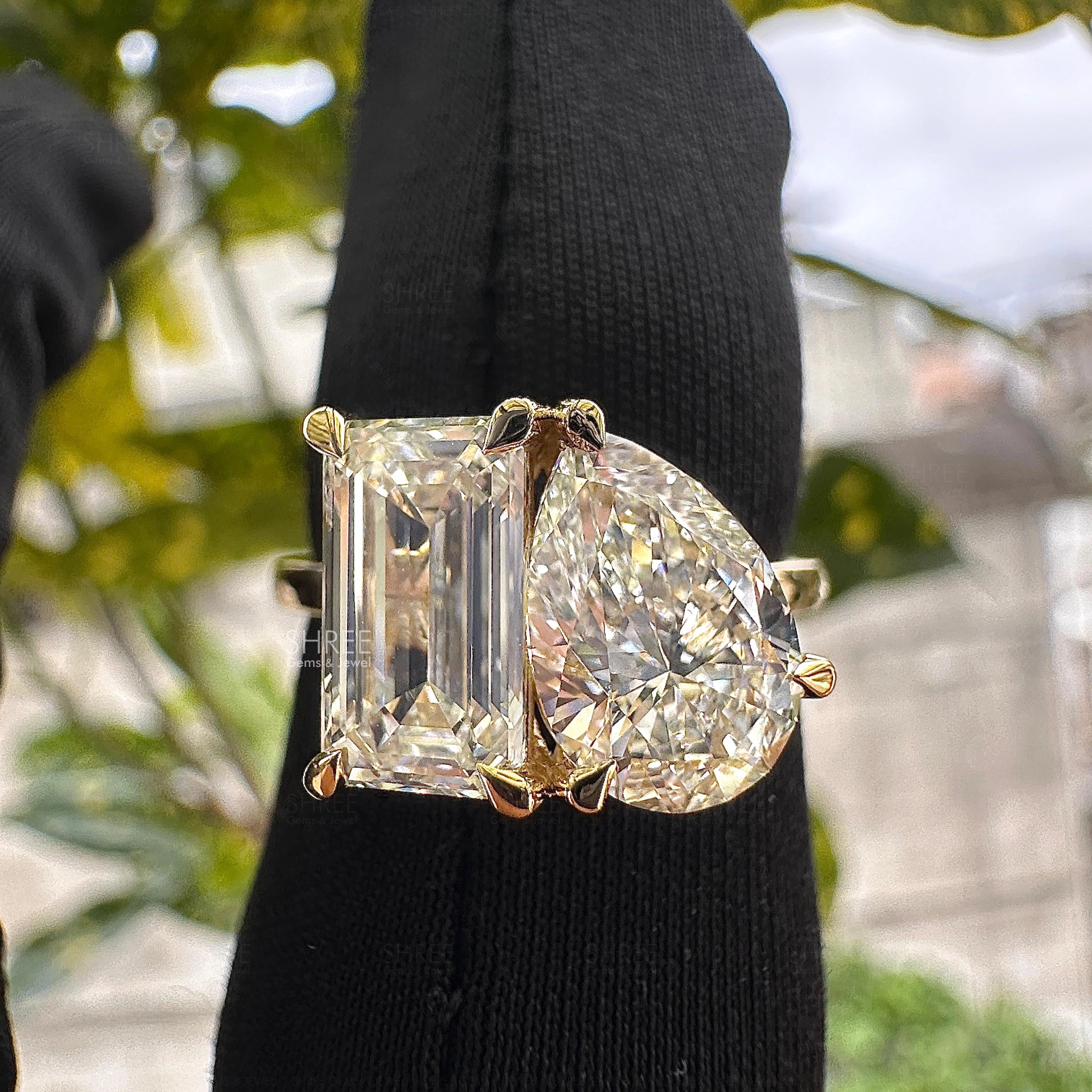 Front View Of 4 Ct Pear & Emerald Cut Diamond Toi Et Moi Engagement Ring​