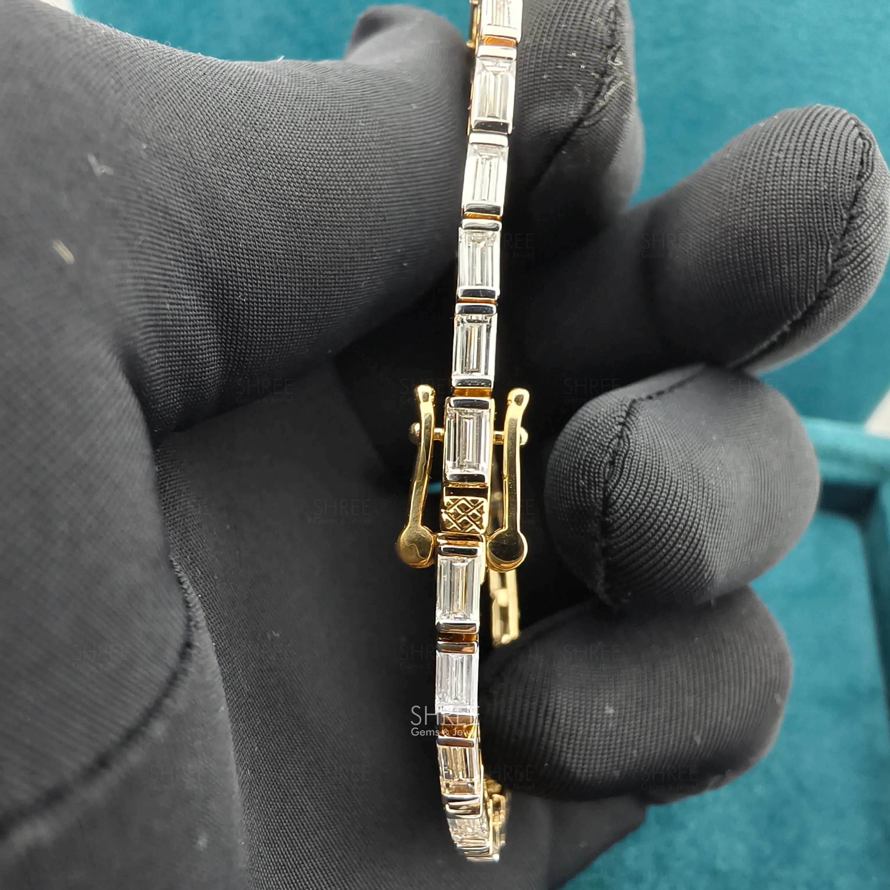 Clasp Close-Up Detail View of Lab Grown Diamond Tennis Bracelet with Baguette Diamonds
