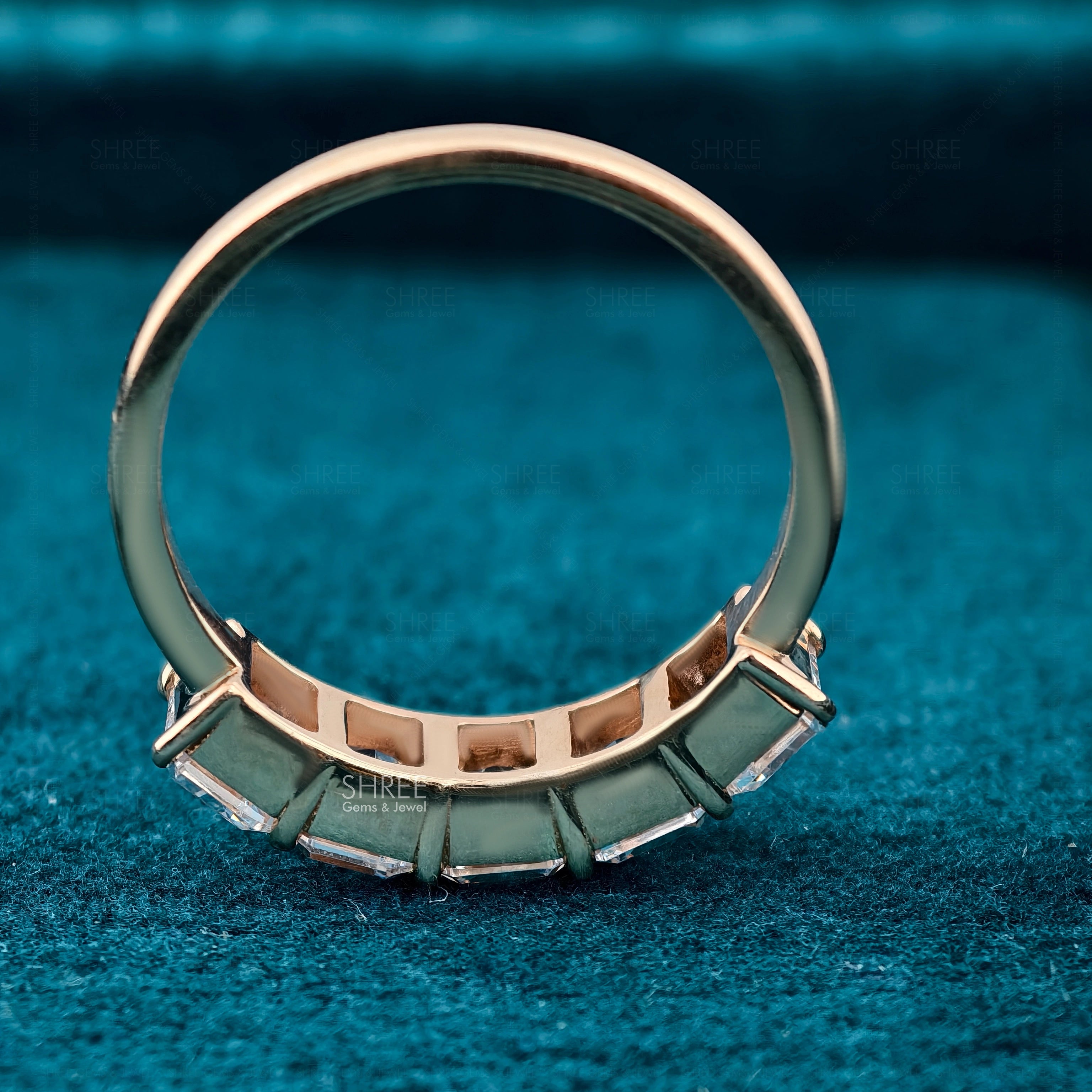 Close up vertical view of 5 Stone Emerald Cut Diamond Eternity Band​