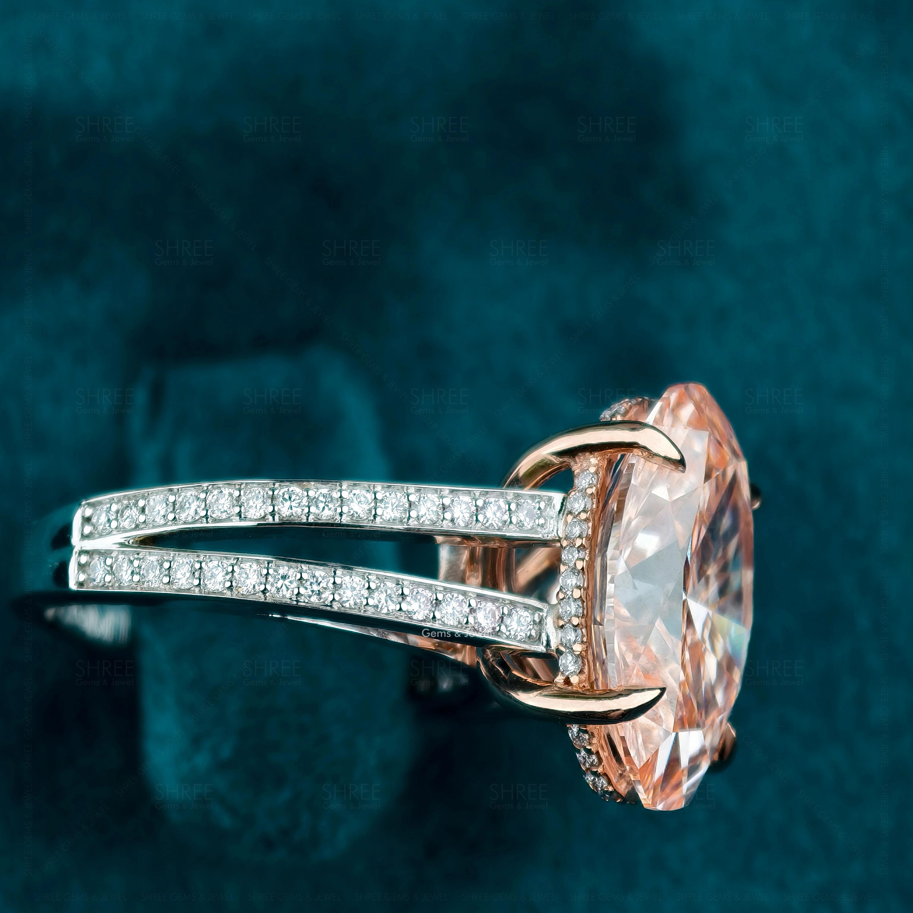 Side view of 7 Carat Oval Pink Diamond Halo Engagement Ring
