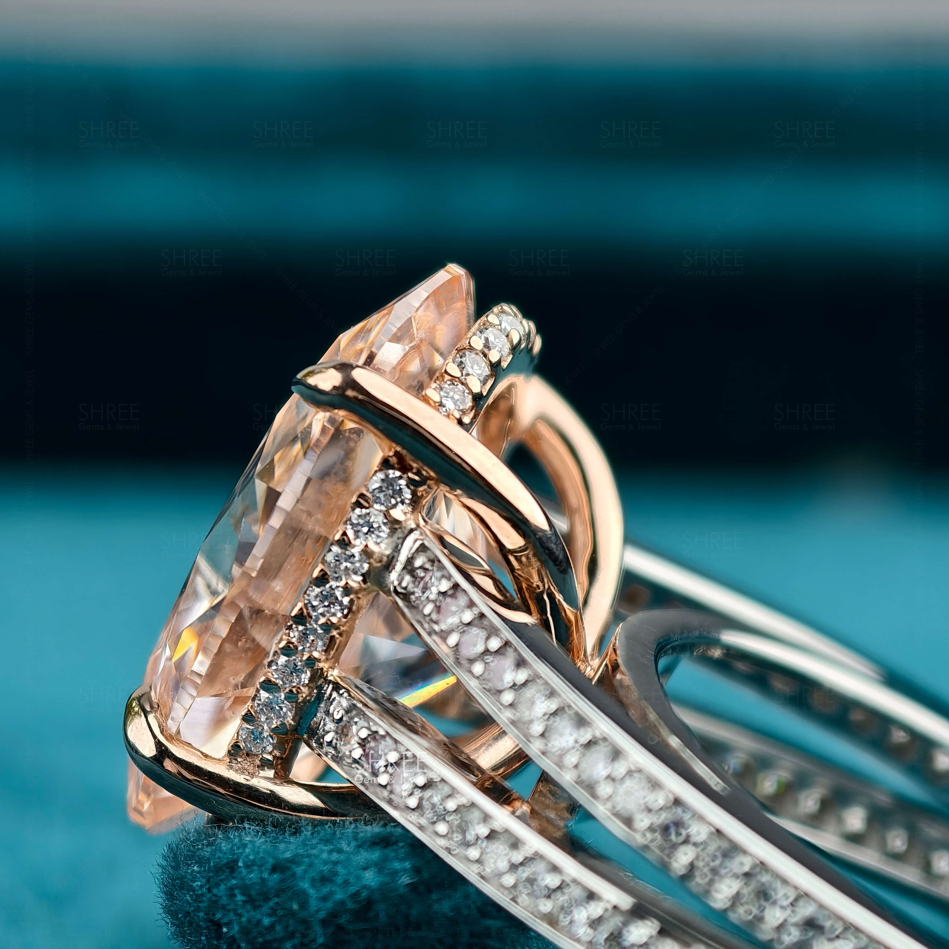 Side view of 7 Carat Oval Pink Diamond Halo Engagement Ring