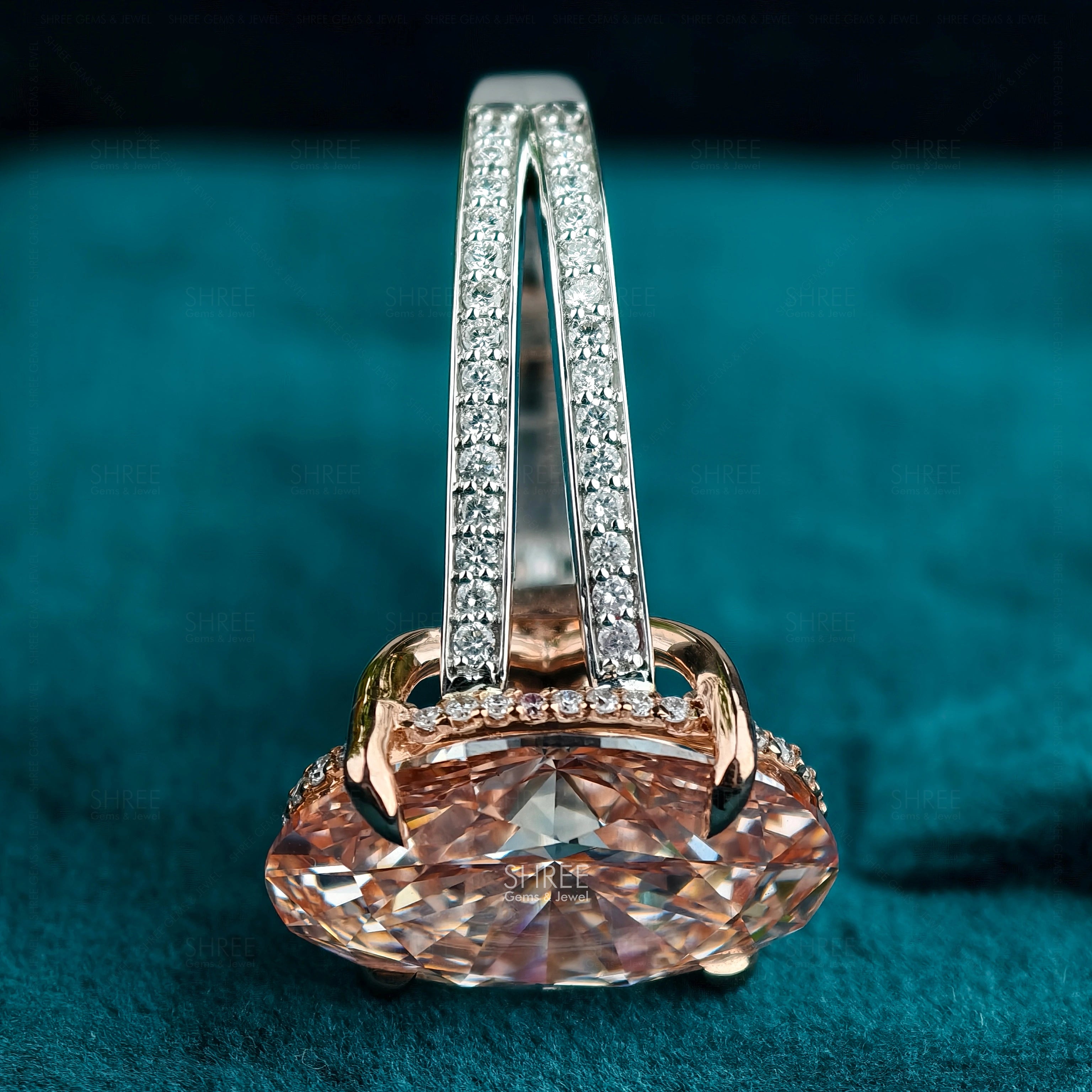 Accent view of 7 Carat Oval Pink Diamond Halo Engagement Ring