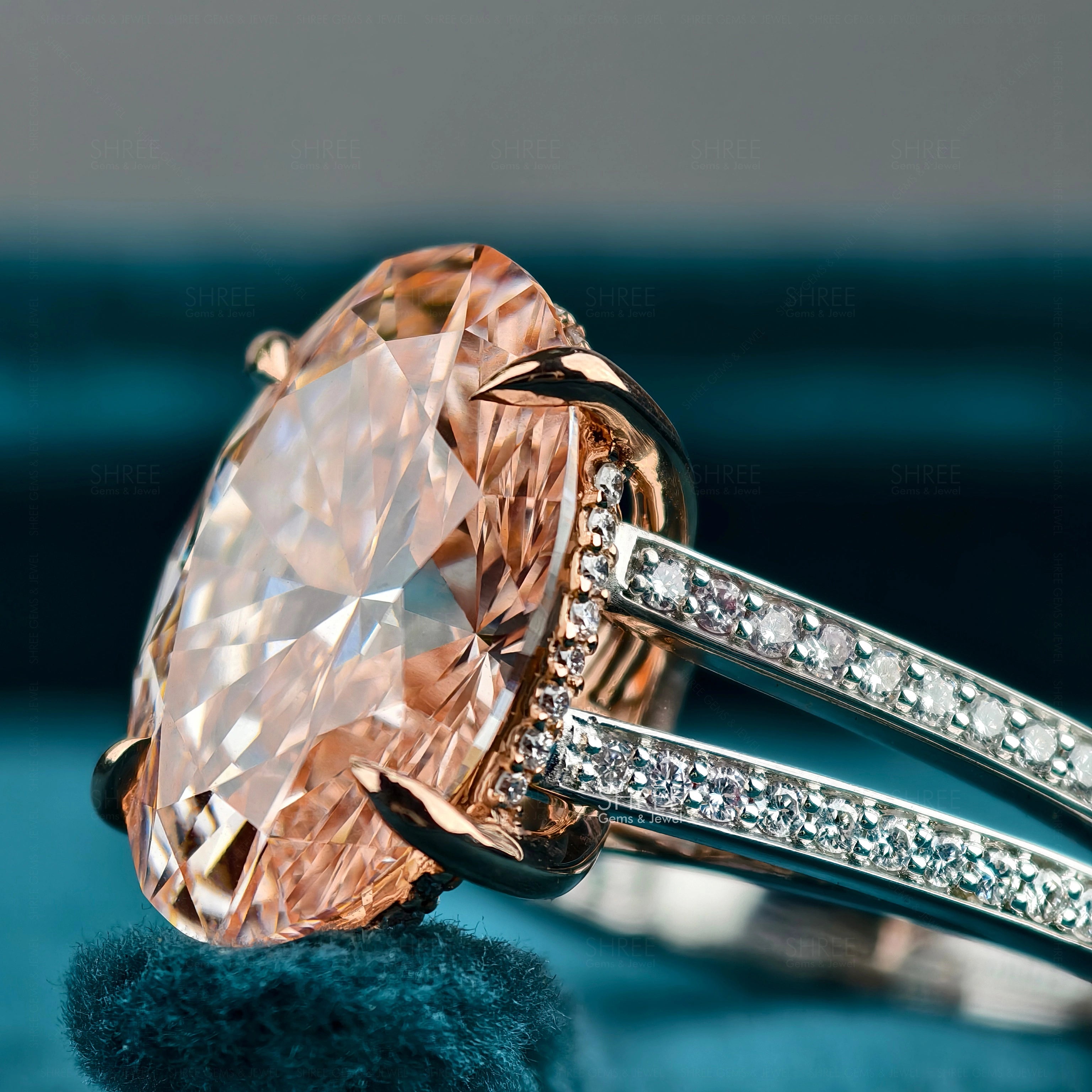 Close up view of 7 Carat Oval Pink Diamond Halo Engagement Ring