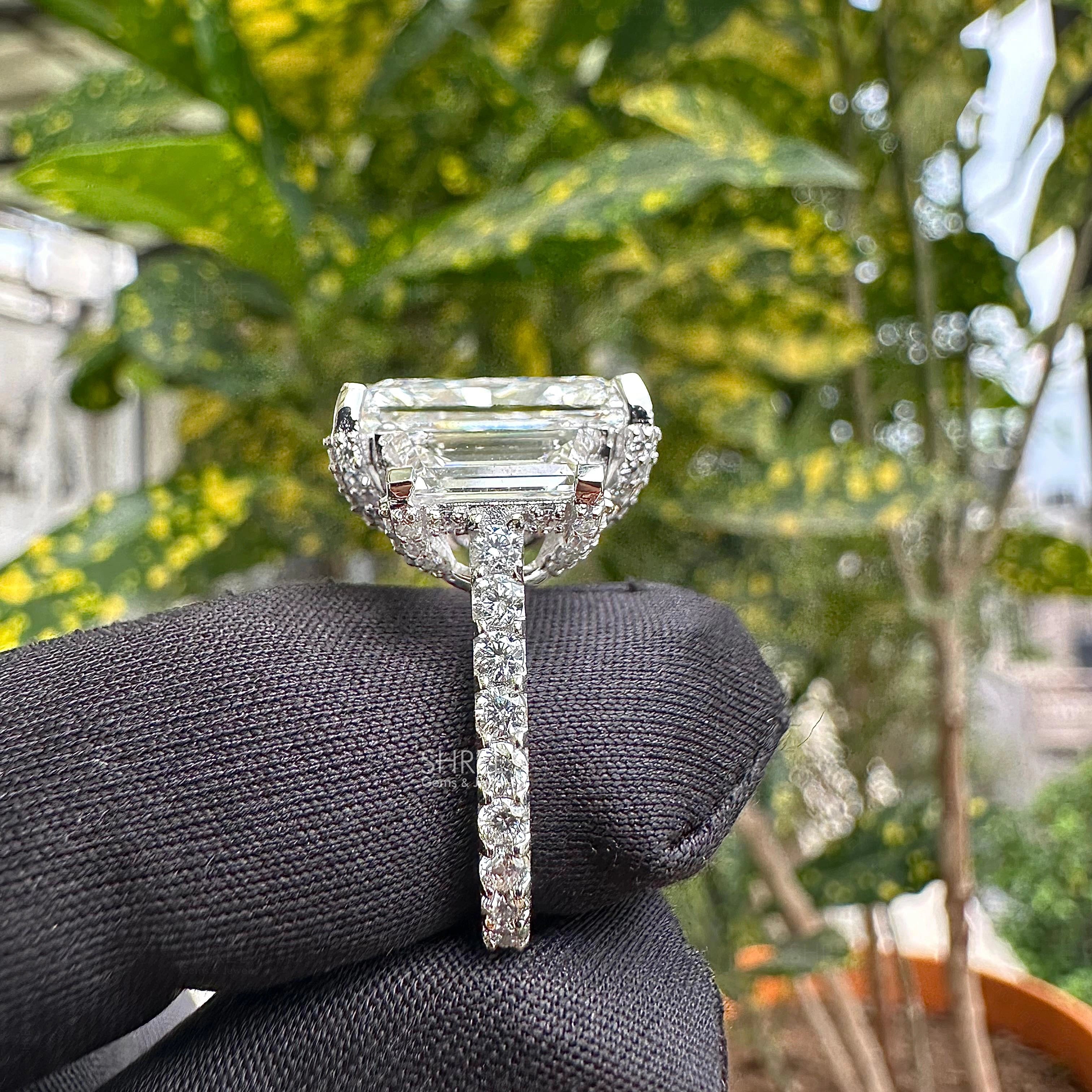 Side band view of 7 Carat Radiant Three Stone Halo Engagement Ring