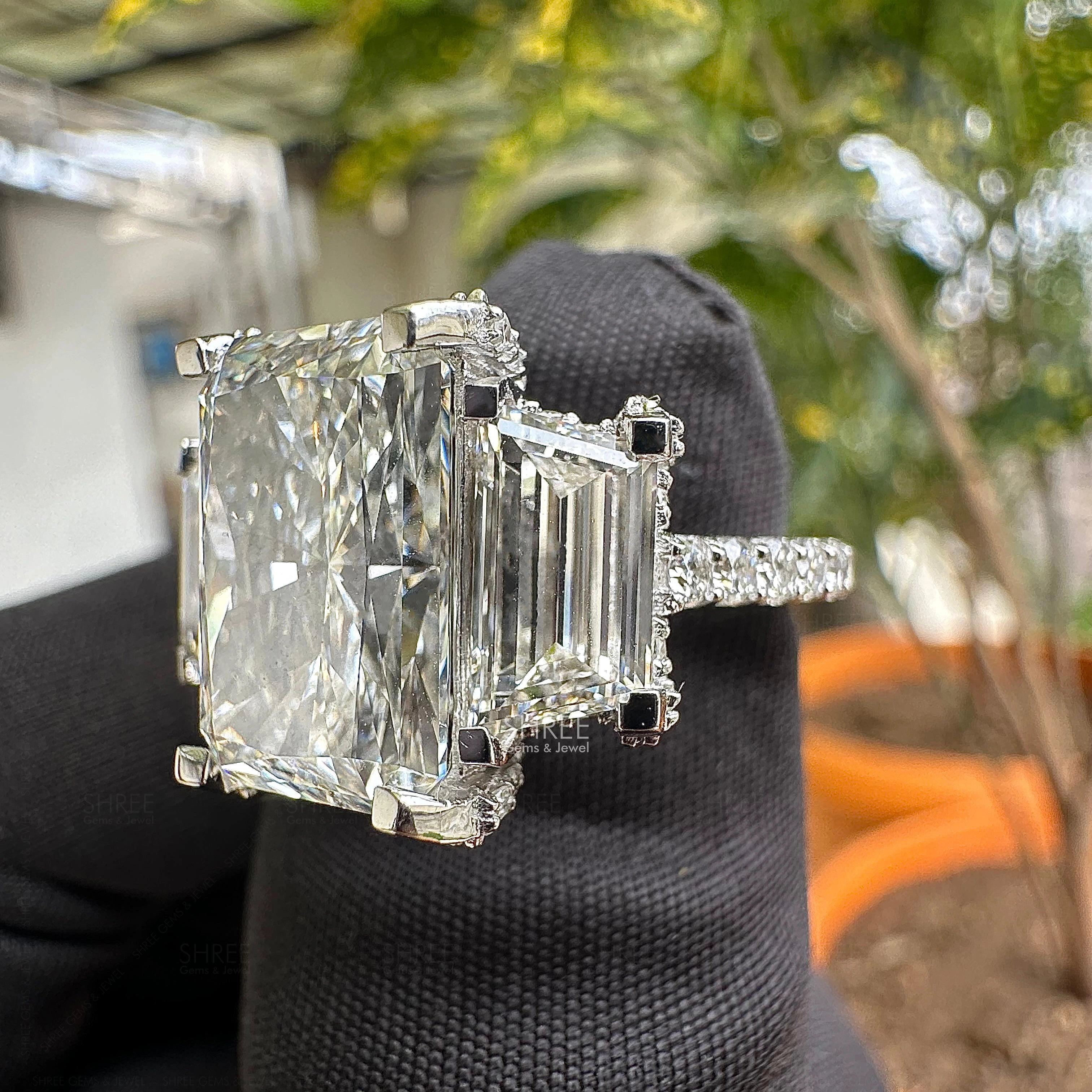 Side angle of 7 Carat Radiant Three Stone Halo Engagement Ring