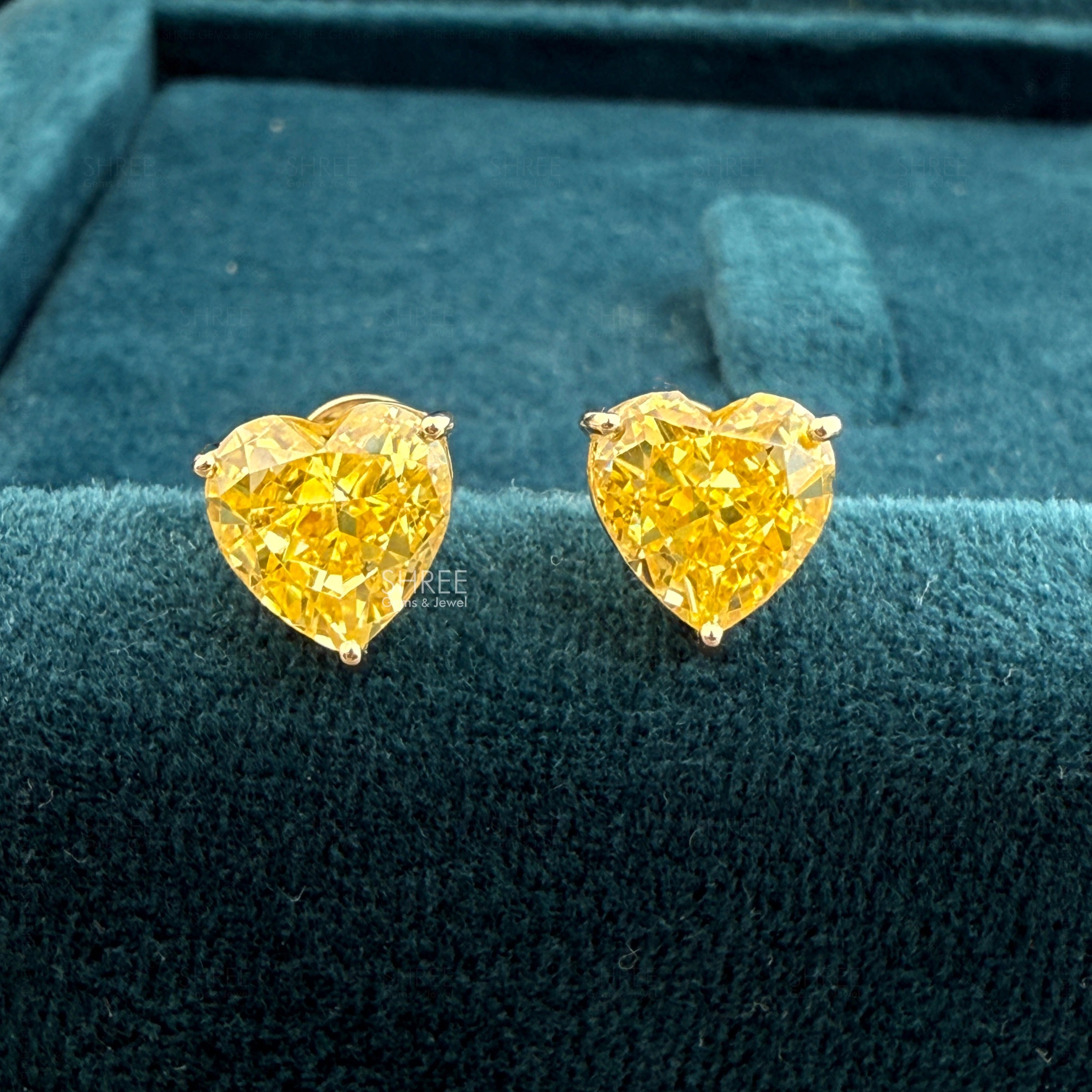 Front View of 8 Carat Heart Cut Lab Grown Yellow Diamond Earrings