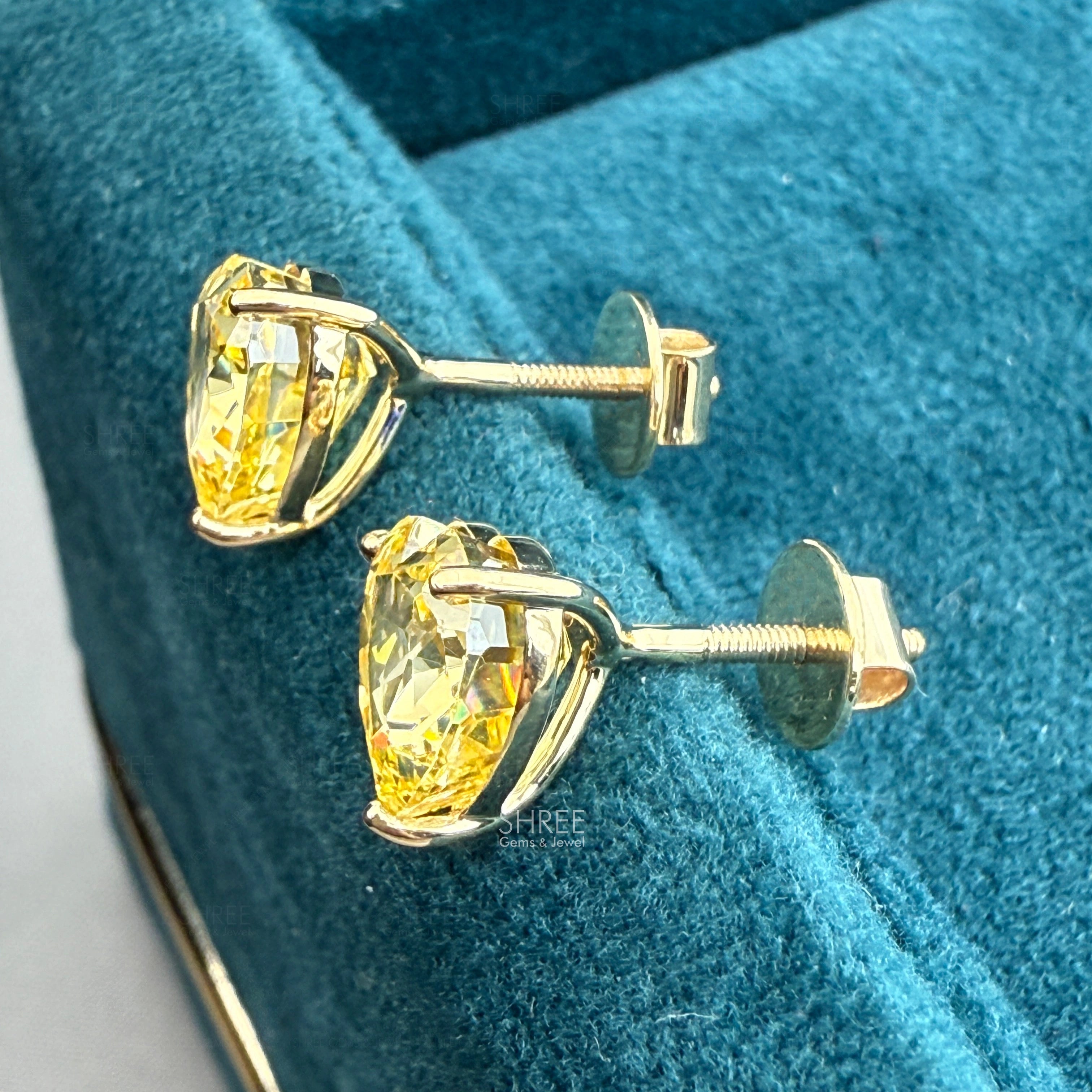 Heart Shape Yellow Lab Grown Diamond Stud Earrings in Yellow Gold with Screw Back 