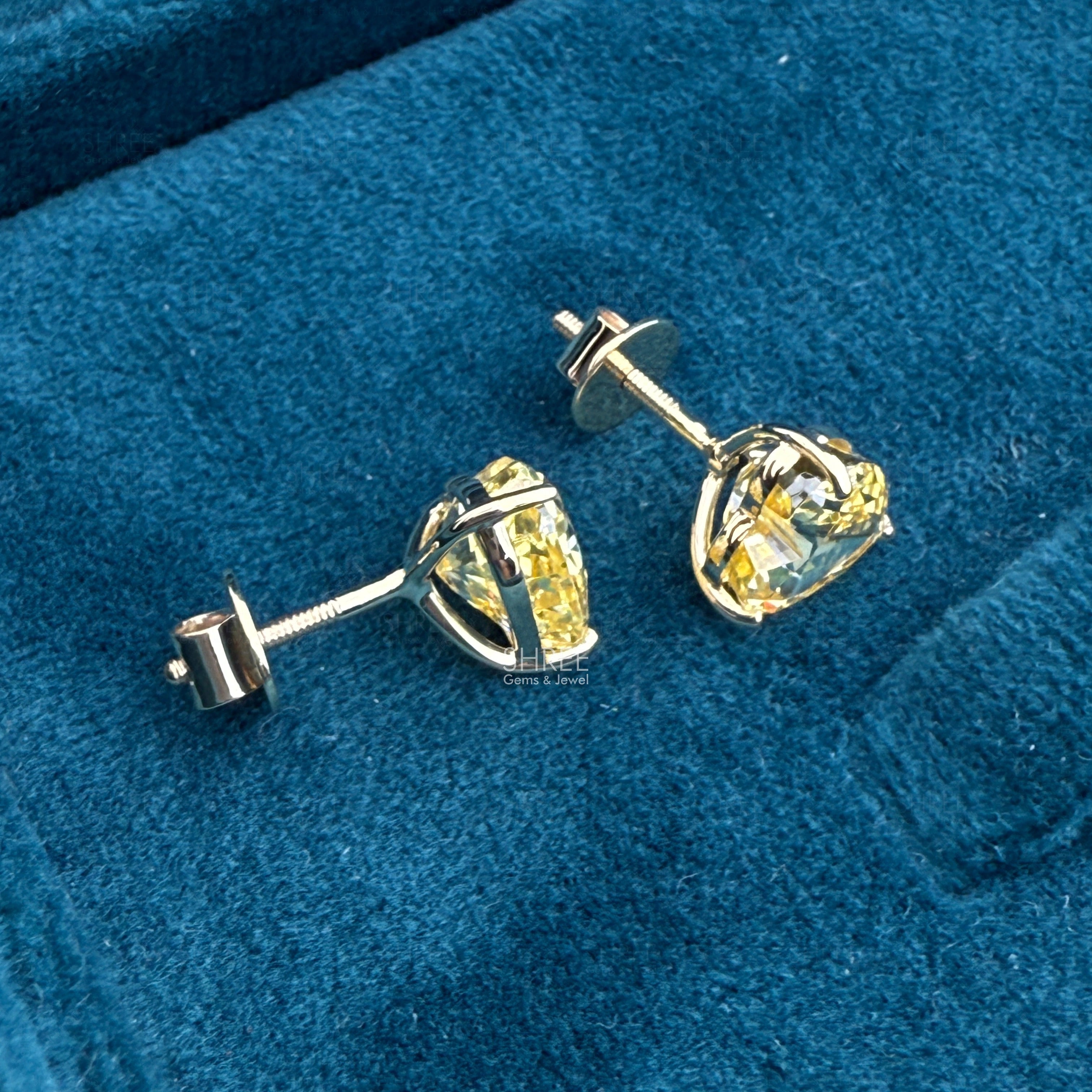 Side View of Heart Cut Yellow Lab Grown Diamond Stud Earrings