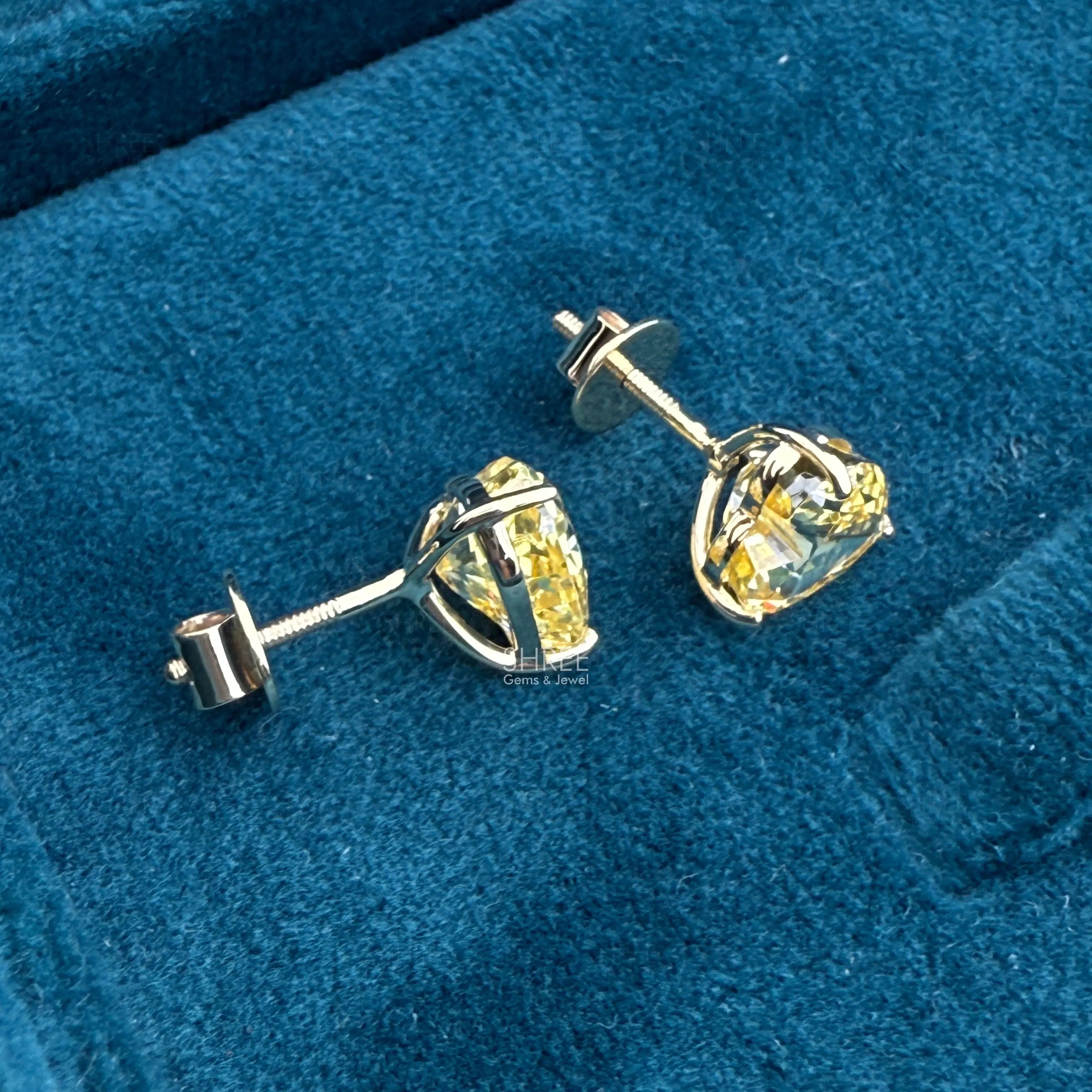 Back View of Heart Shaped Yellow Diamond Stud Earrings