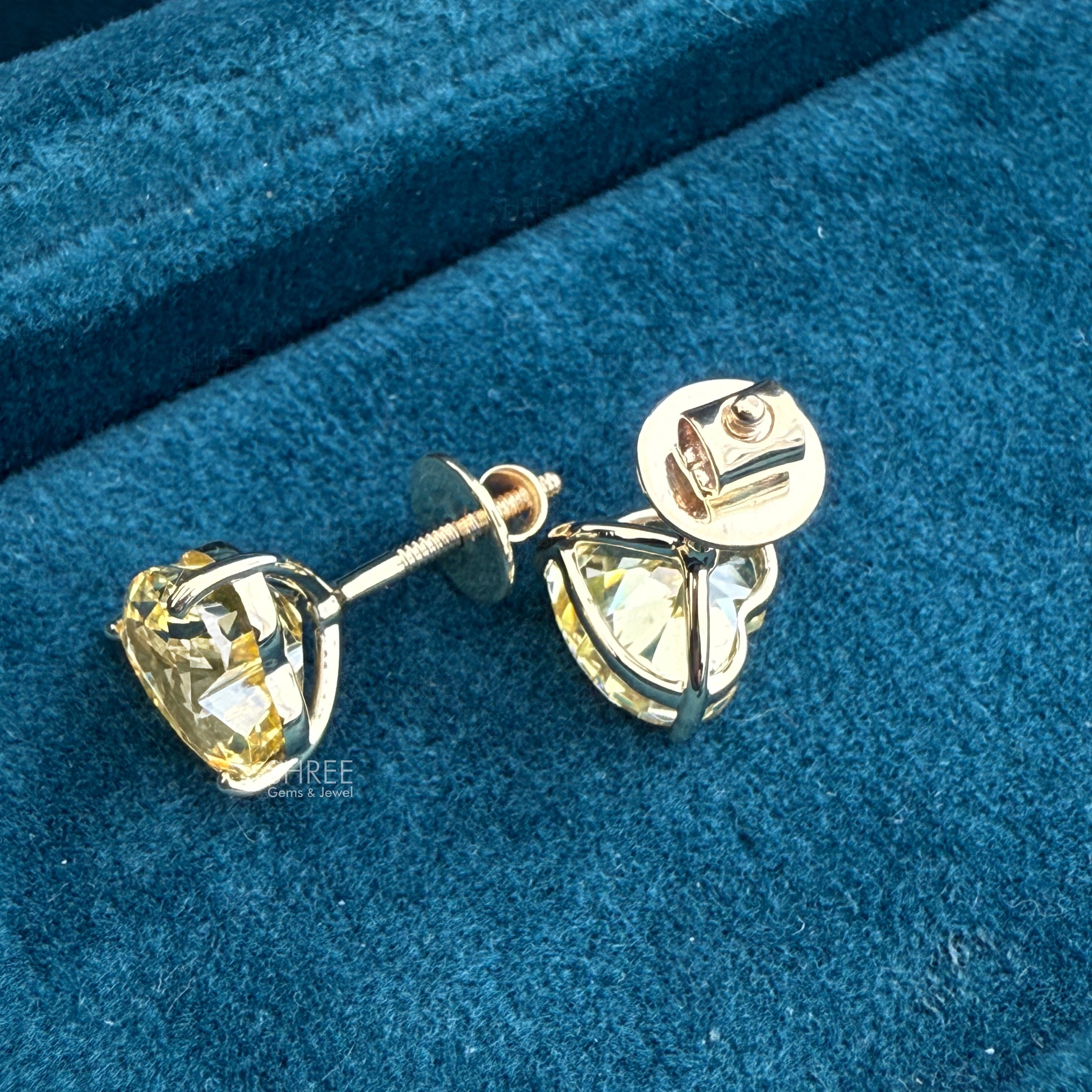 Back View of Heart Shaped Yellow Diamond Stud Earrings