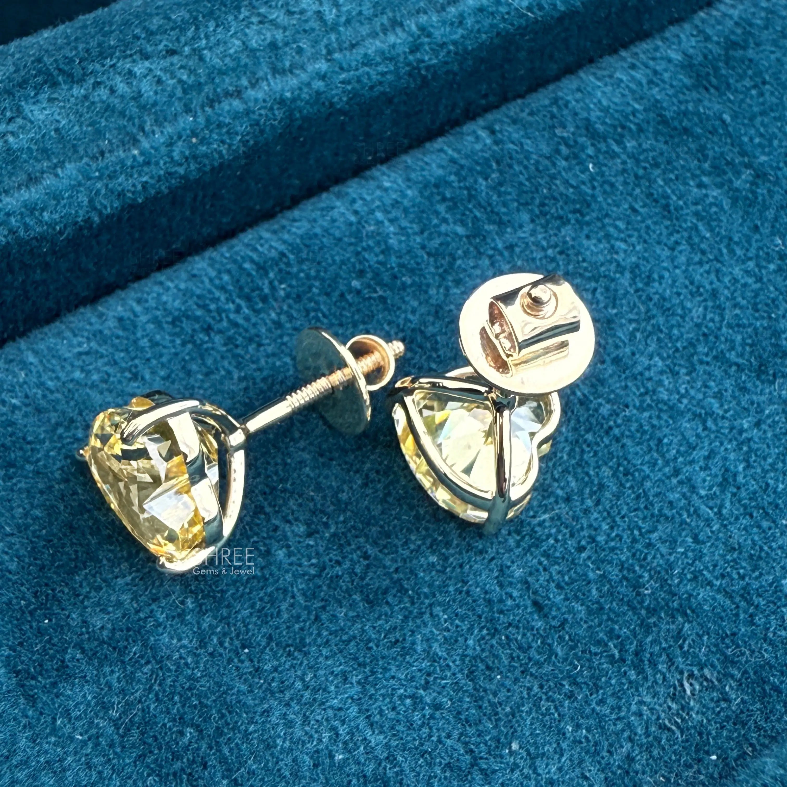 Side View of Heart Cut Yellow Lab Grown Diamond Stud Earrings