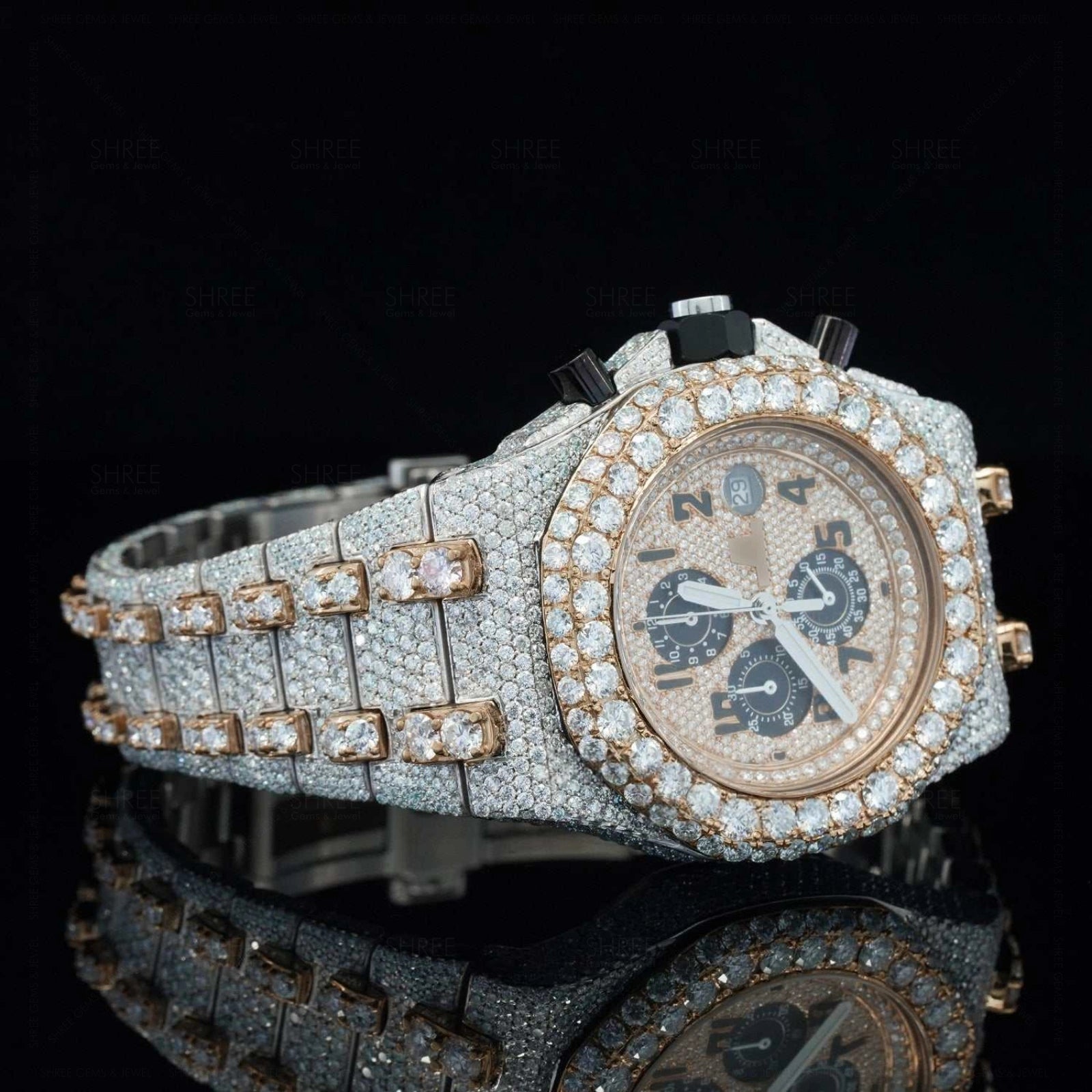 Side VIew of AP Royal Oak Chronograph Moissanite Watch​ | 41 MM | Rose Gold Tone