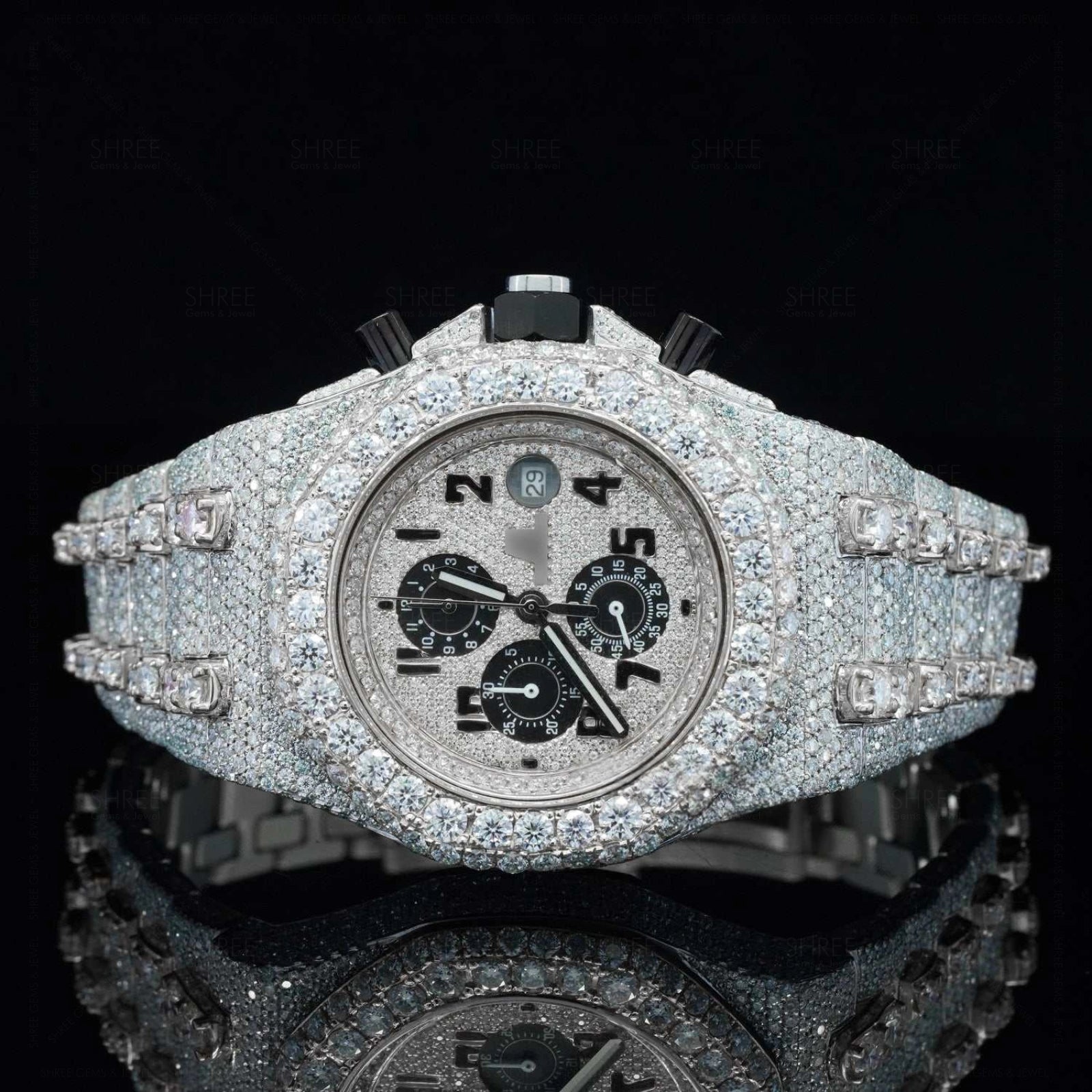 Front VIew of AP Royal Oak Chronograph Moissanite Watch​ | 41 MM | White Gold Tone