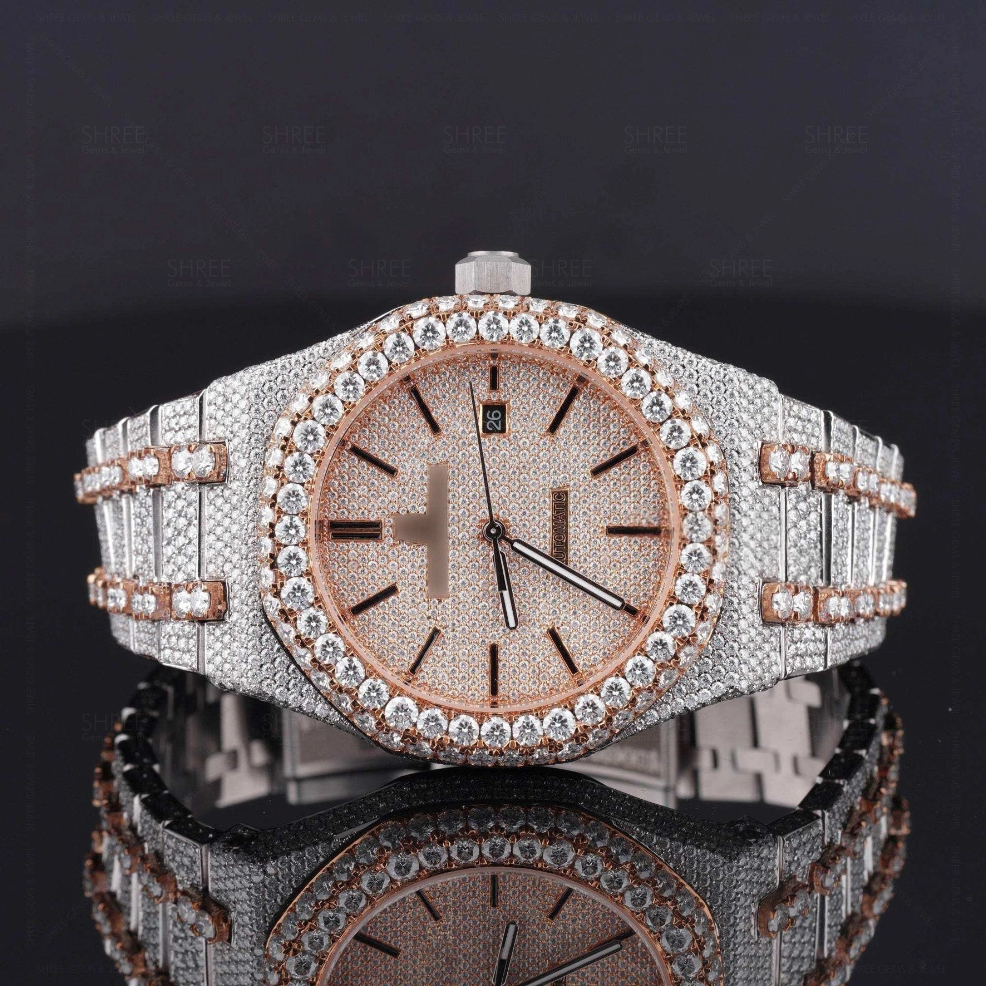 Front view of Women’s Rose Gold Tone Bustdown Moissanite Watch – Iced Out AP Style Luxury Watch