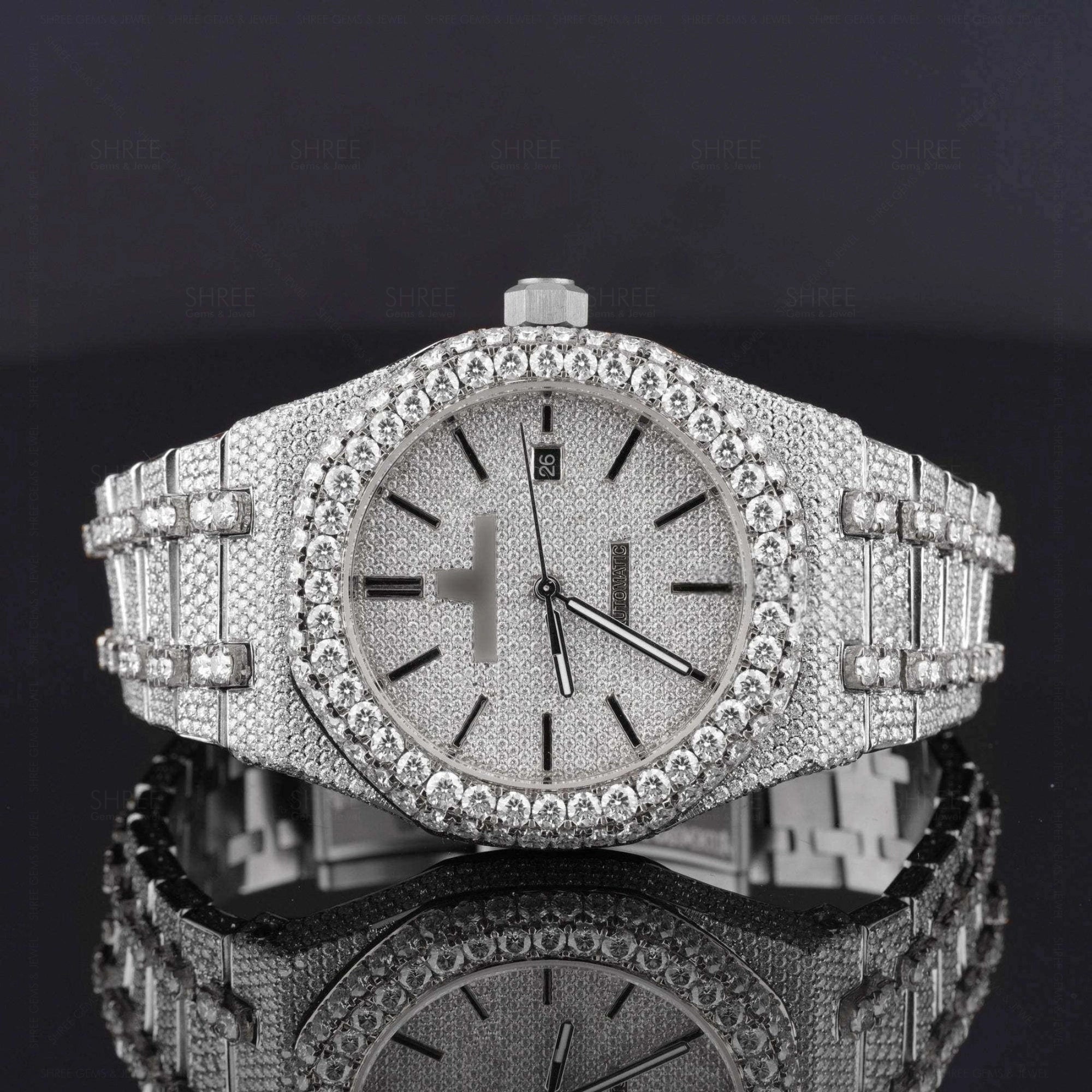 Front view of Women’s White Gold Tone Bustdown Moissanite Watch – Iced Out AP Style Luxury Watch