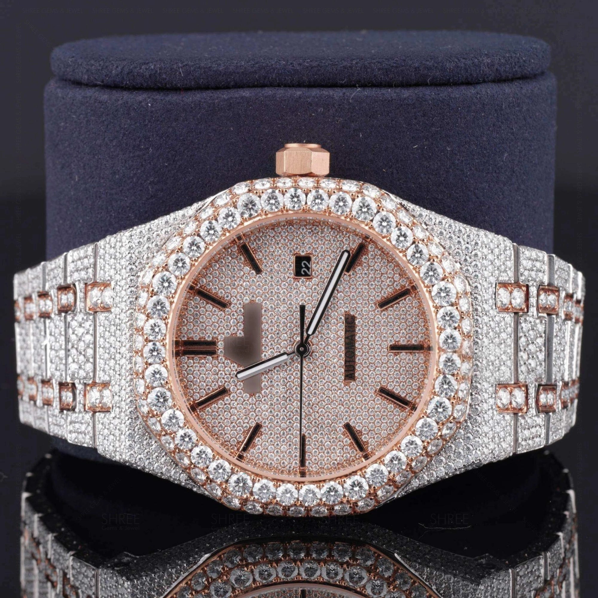 Front view of Rose Gold Plated Ap Cheap Moissanite Watch 41 MM 