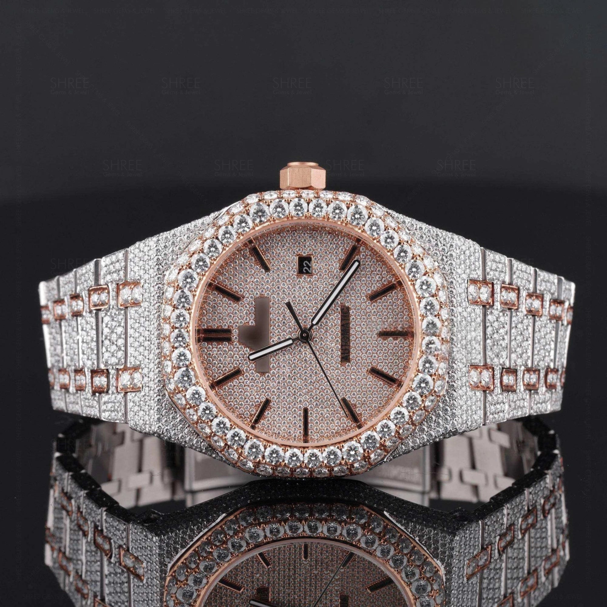 Front view of Ap Bust Down Moissanite Watch 41 MM Rose Gold Plated