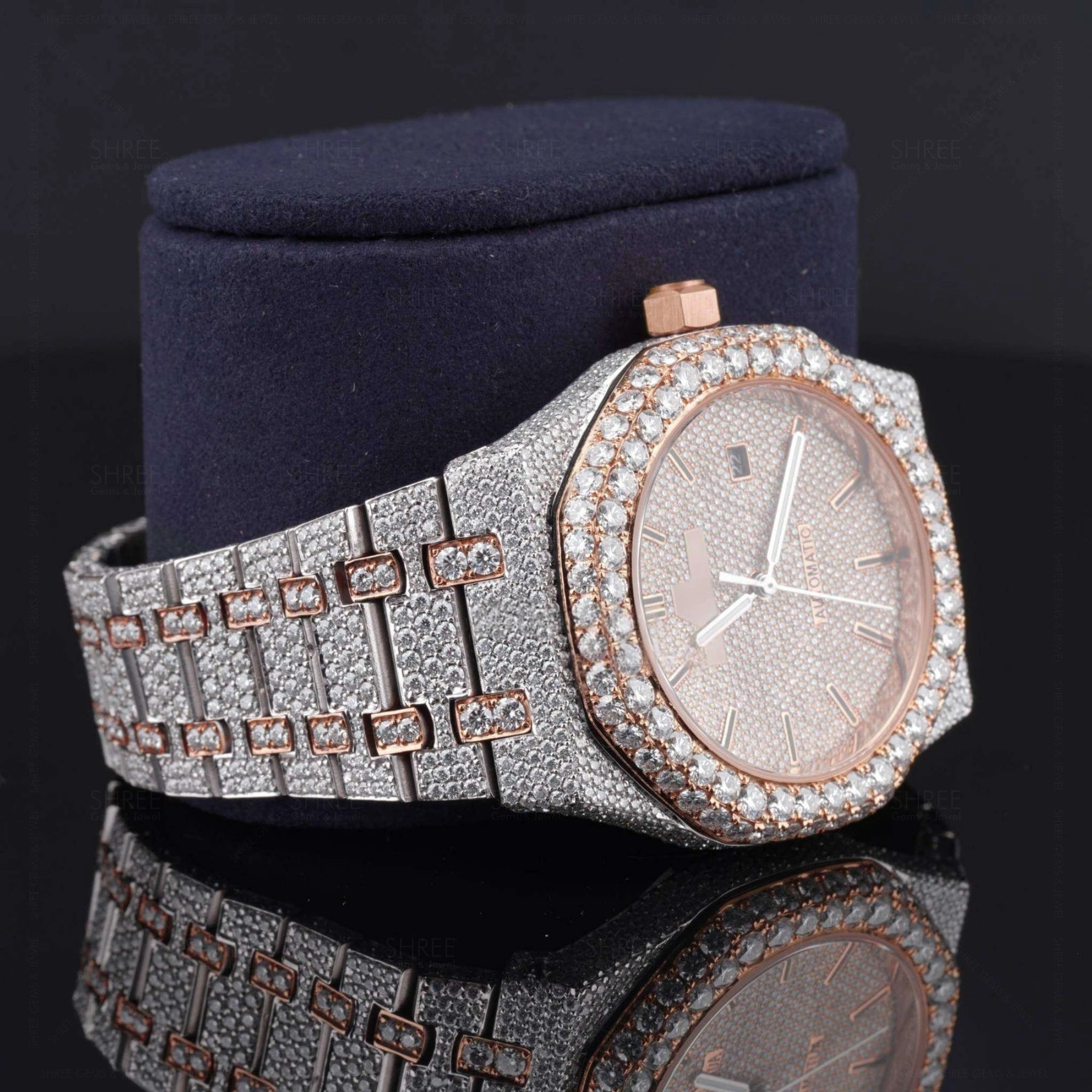 Side view of Ap Bust Down Moissanite Watch 41 MM Rose Gold Plated
