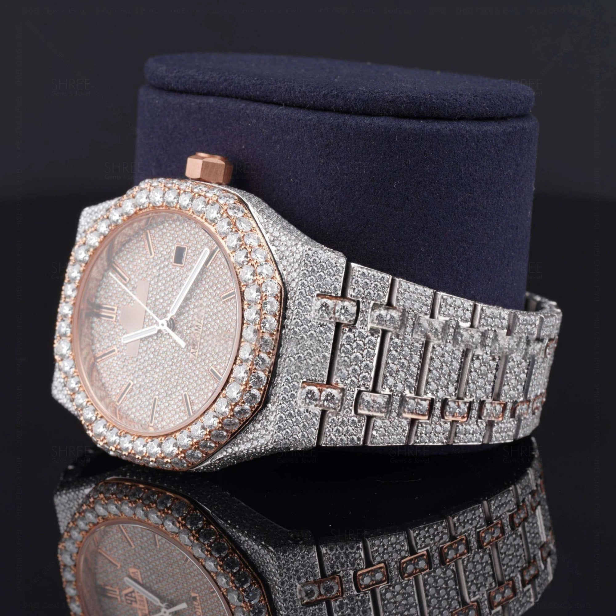 Close view of Ap Bust Down Moissanite Watch 41 MM Rose Gold Plated