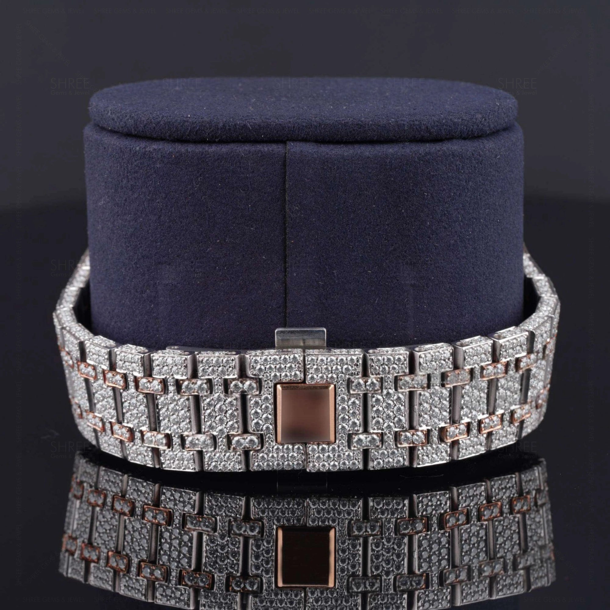 Back side view of Ap Bust Down Moissanite Watch 41 MM Rose Gold Plated