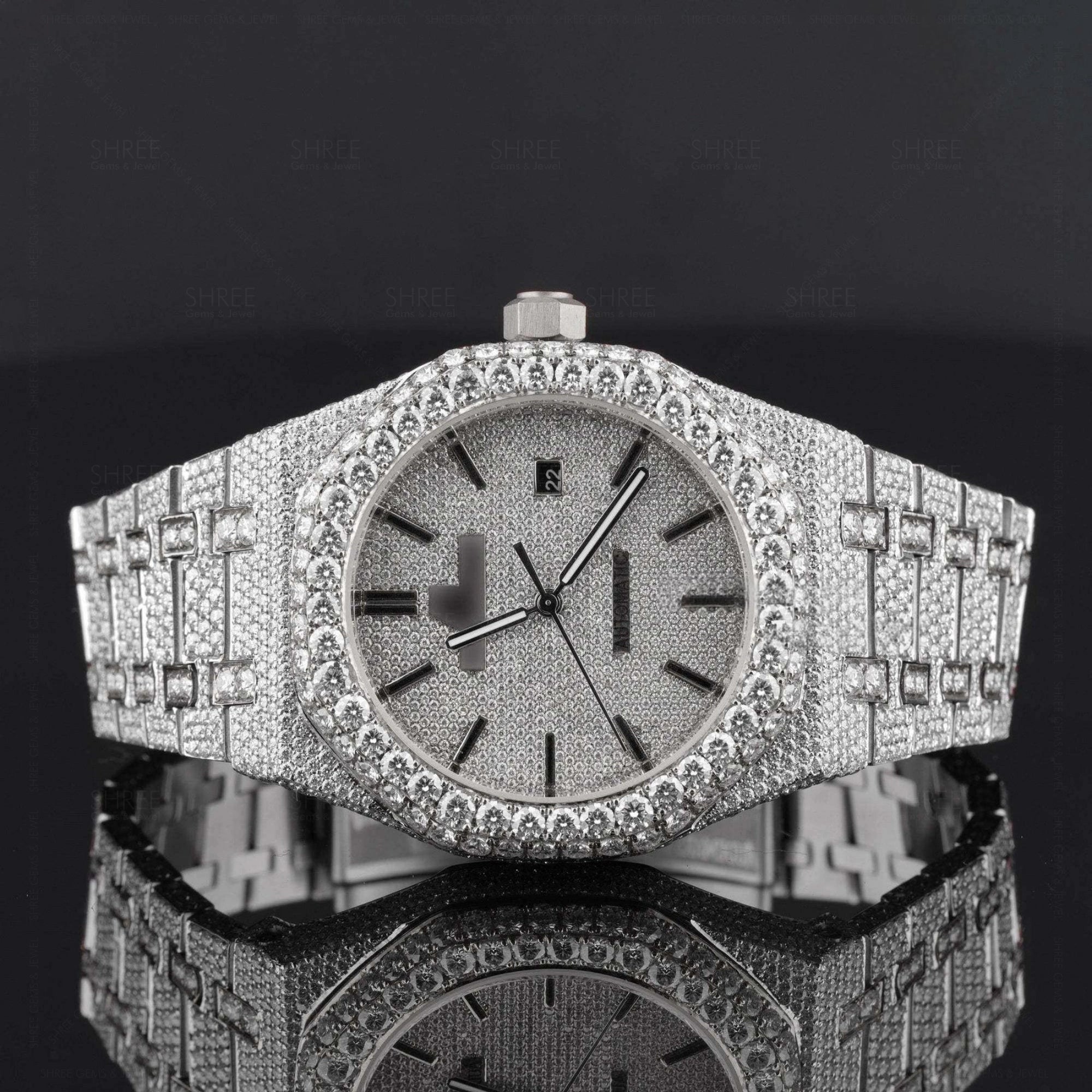Front view of Ap Bust Down Moissanite Watch 41 MM White Gold Plated