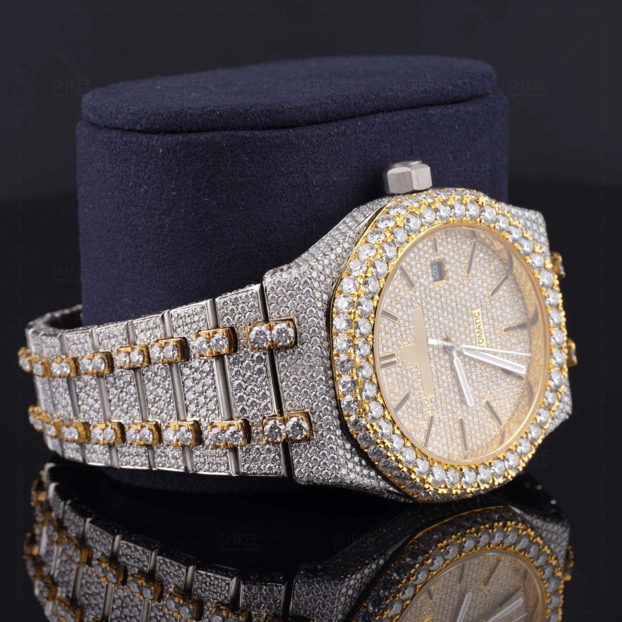 Side view of Ap Bust Down Moissanite Watch  41 MM  Yellow Gold Plated