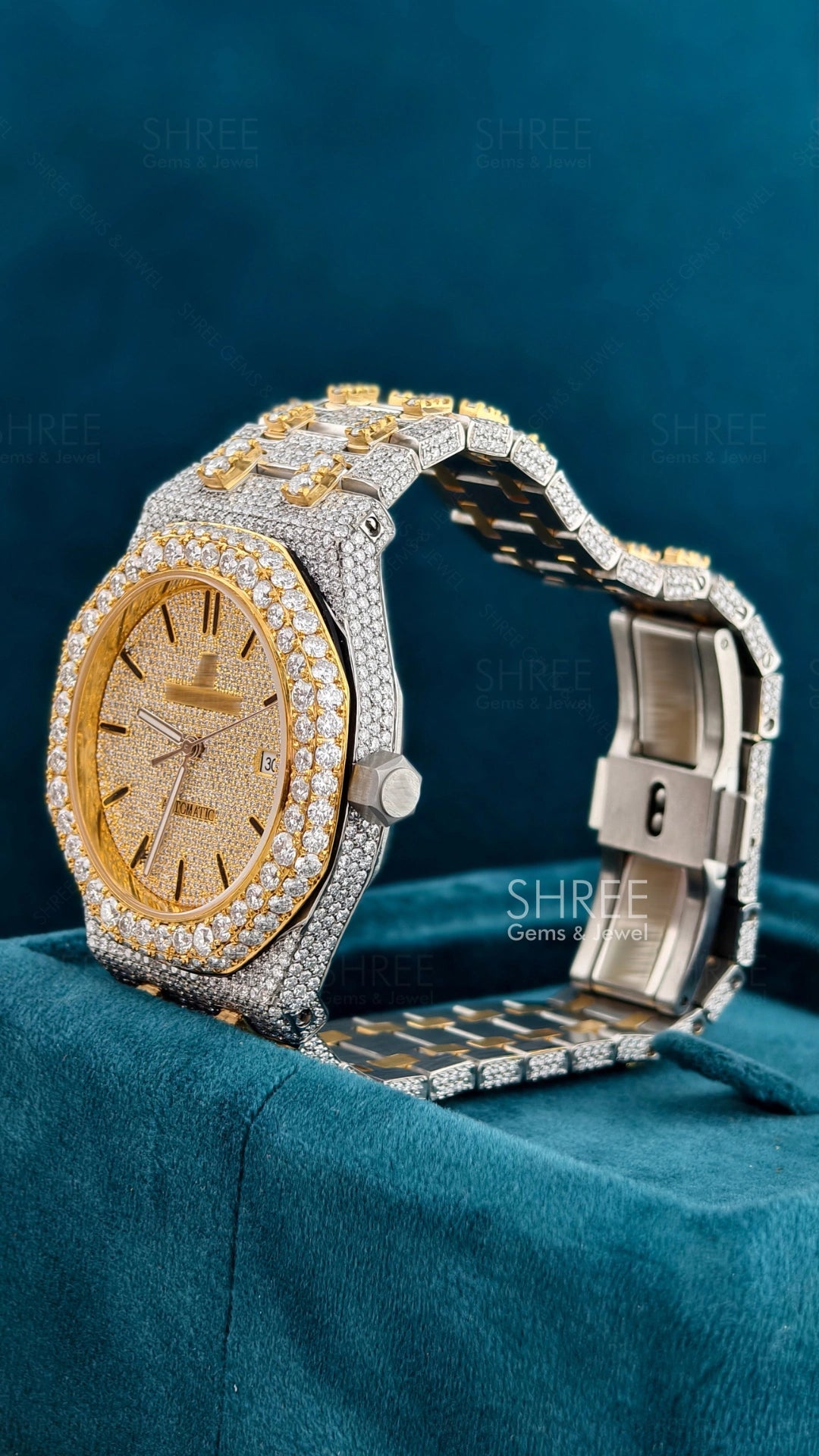 Side face view of Ap Bust Down Moissanite Watch  41 MM  Yellow Gold Plated