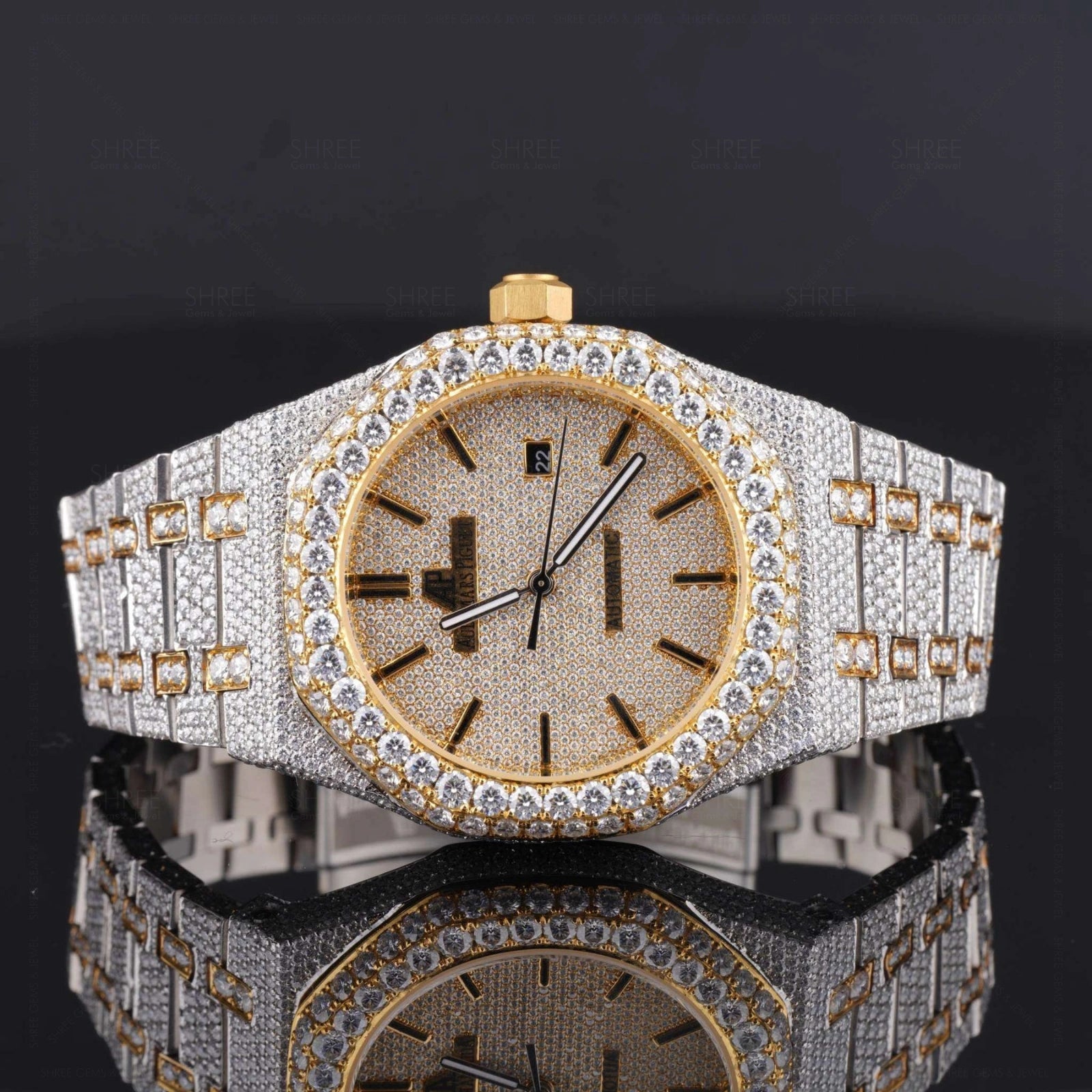 Front view of Ap Bust Down Moissanite Watch 41 MM Yellow Gold Plated