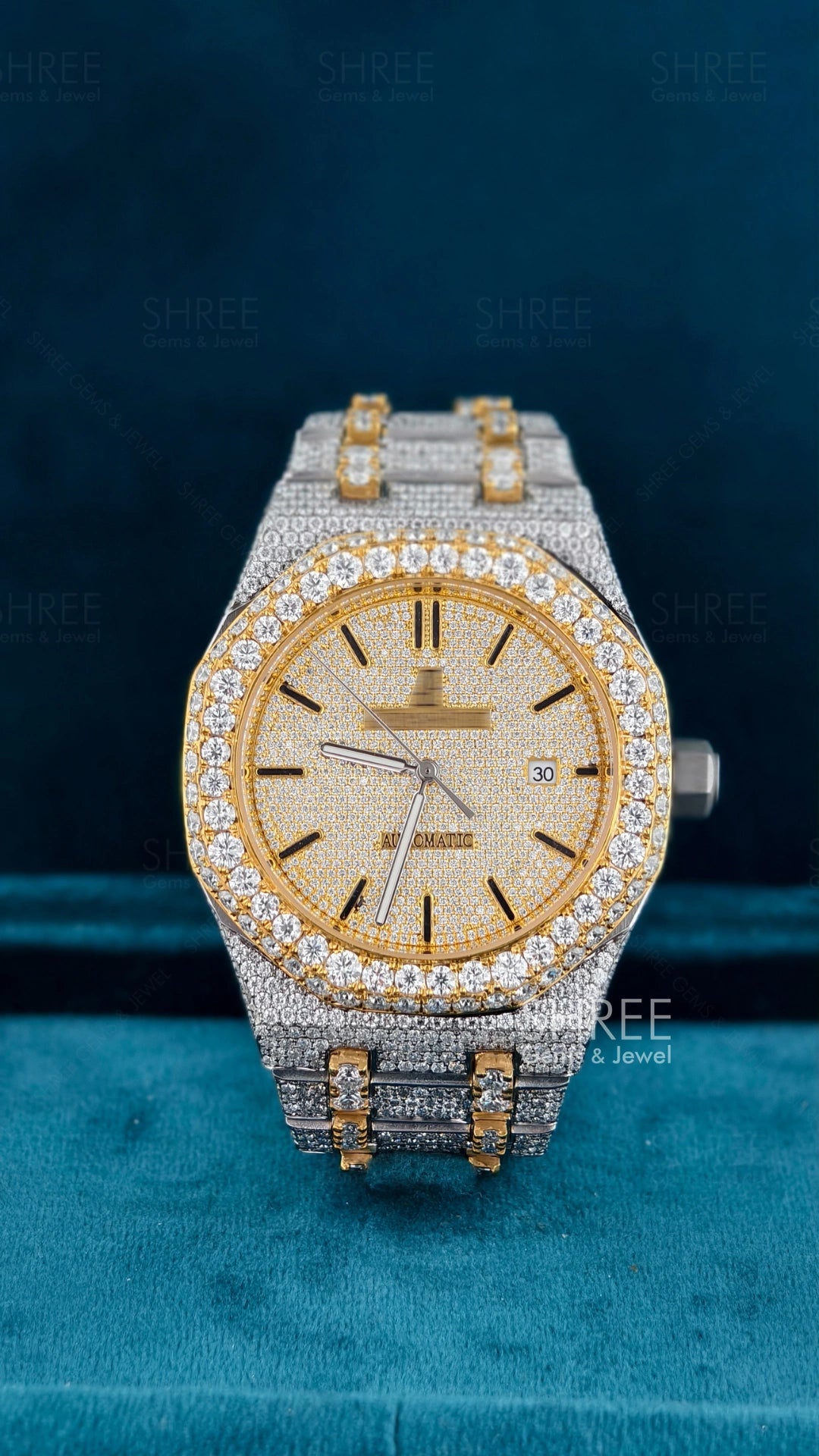 Front view of Ap Bust Down Moissanite Watch  41 MM  Yellow Gold Plated
