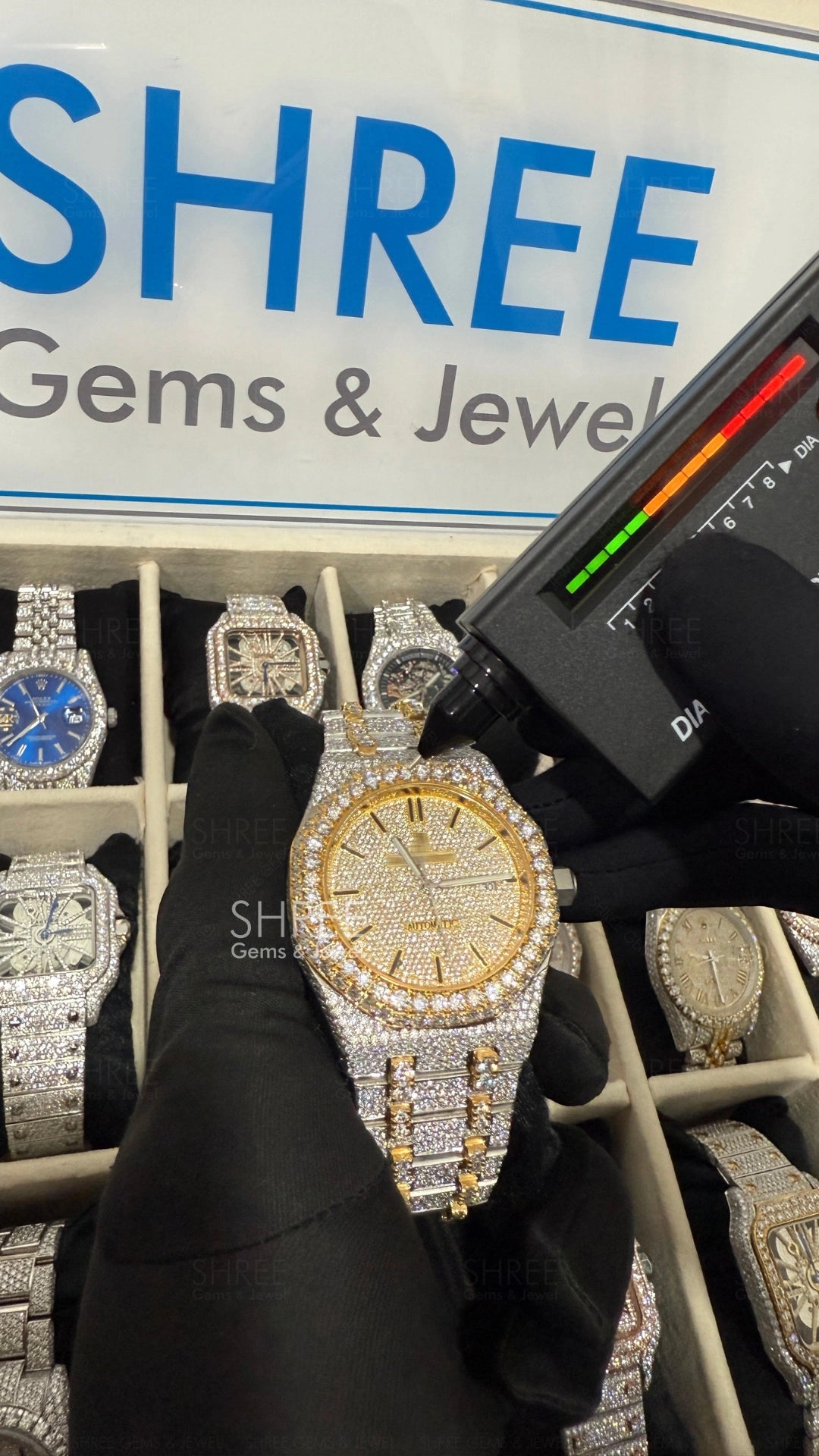 Fully passed Moissanite tester view of Ap Bust Down Moissanite Watch  41 MM  Yellow Gold Plated