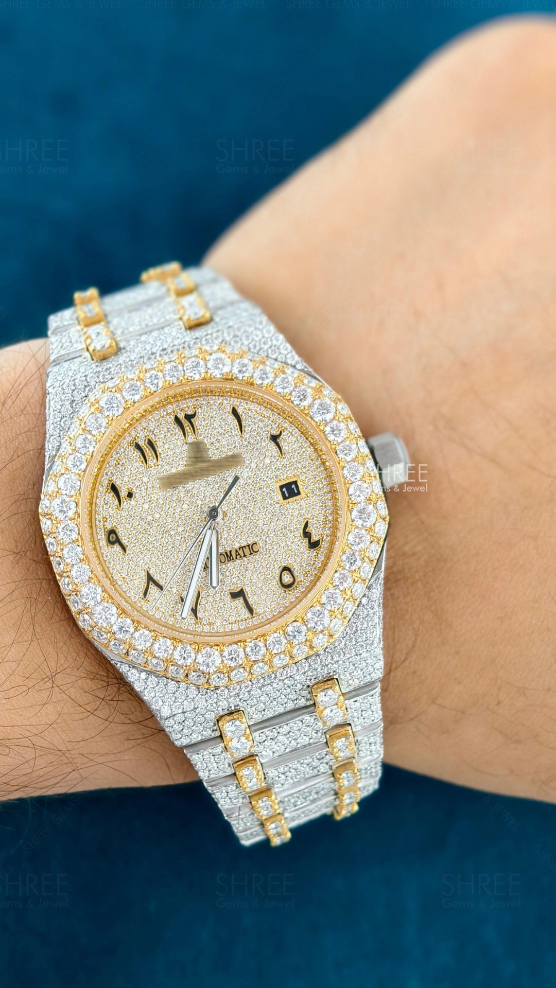 Hand View of Automatic Moissanite Watch 41mm – Arabic Numerals Yellow Gold